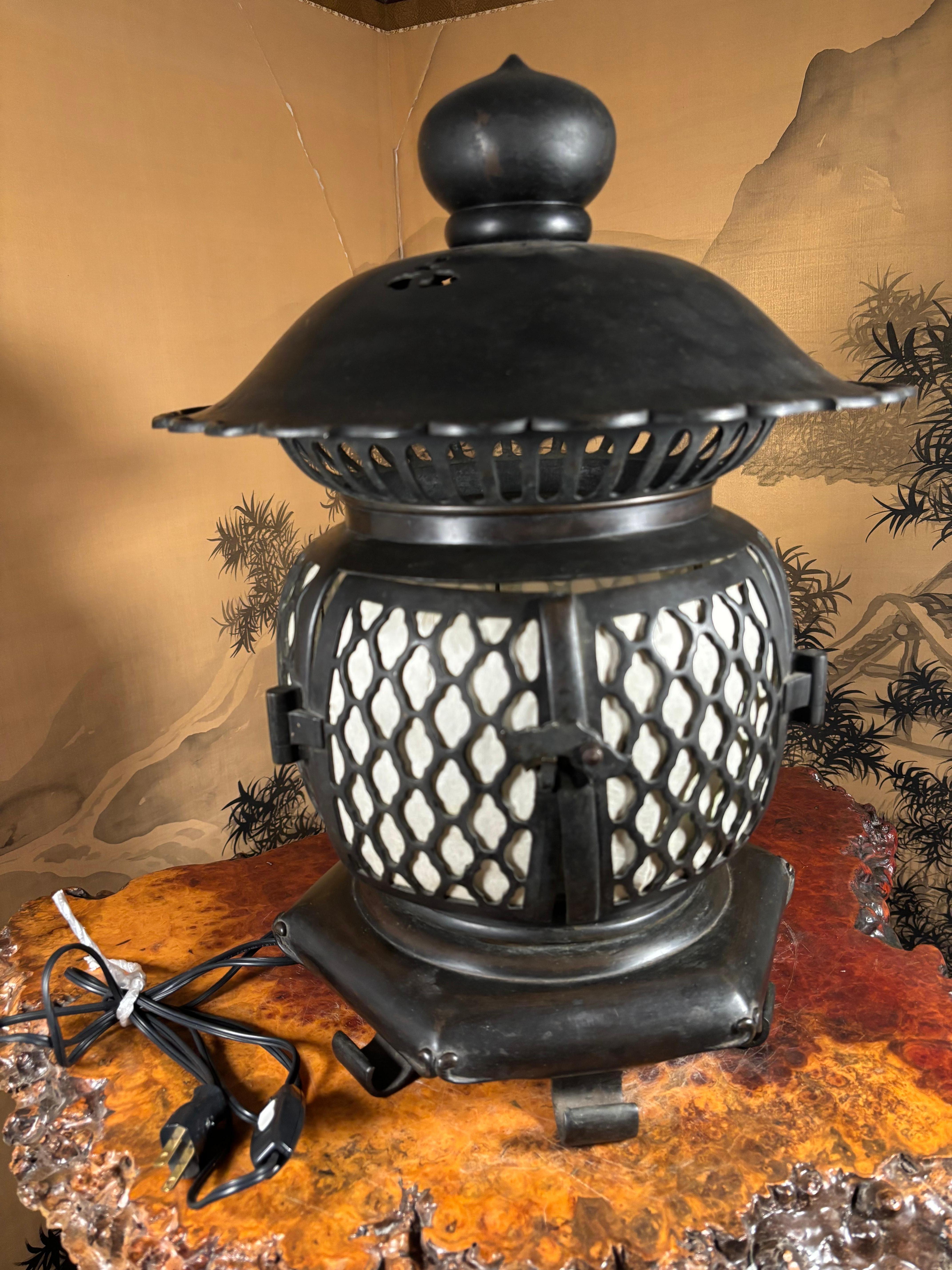 Bronze Japanese Tall Antique Classic Electrified Temple Lantern Emits Serene Light For Sale