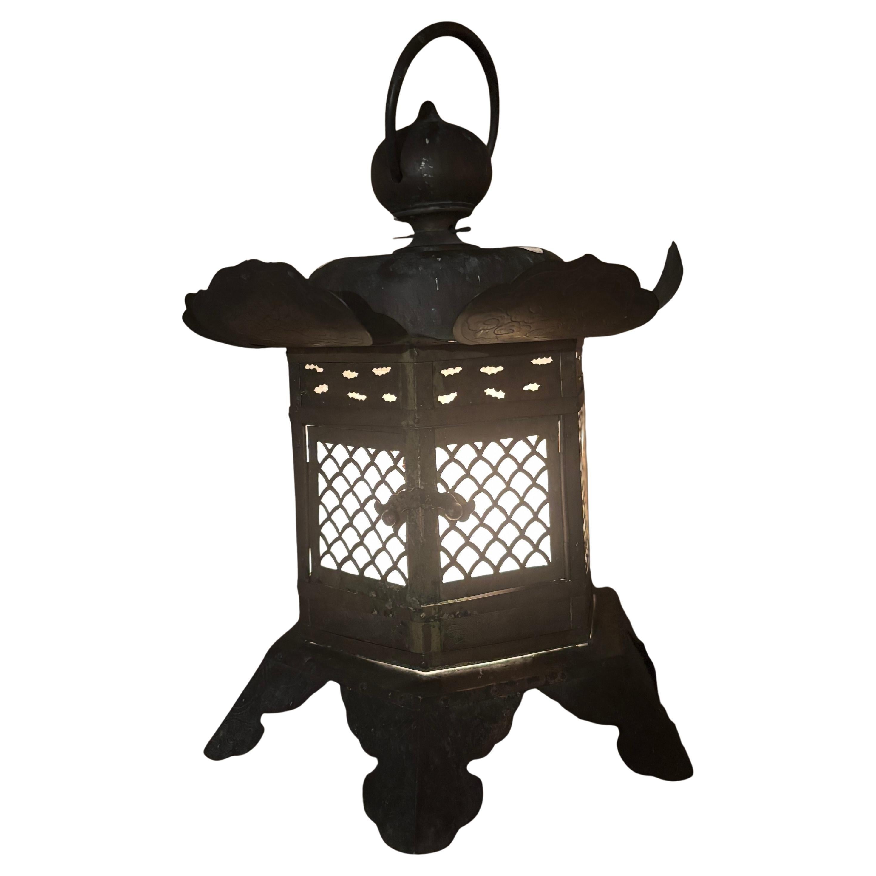 Japanese Tall Antique Electrified Temple Lantern With Fine Details