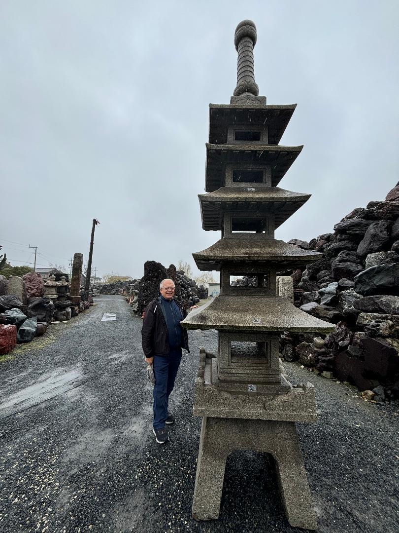 Just discovered from an old Kyoto garden. 

Call us For Details...

For the finest garden- a spiritual representation of five earthly and celestial elements. 

Japan, a monumental antique stone pagoda tower that is nearly five meters , about 180”