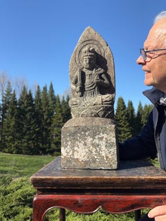 Japanese Tall Antique Garden Stone Crowned Buddha Shakyamuni 25", Signed