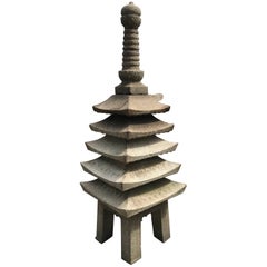 Japanese Tall Antique Hand-Carved Stone Pagoda "Five Elements" Sculpture