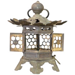 Japanese Tall Antique Lantern with Double Doors and Fine Details, 12"