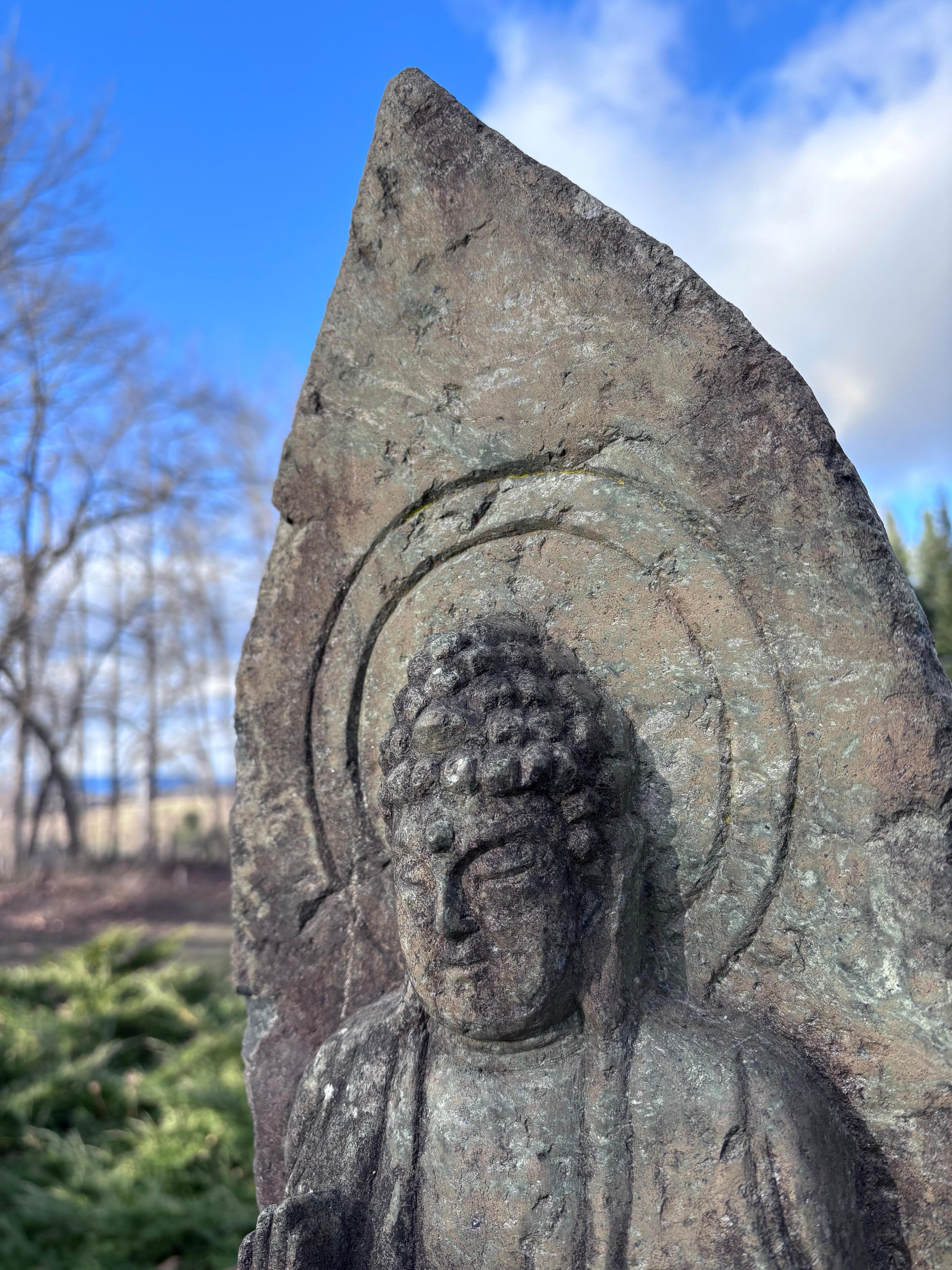 Japanese Tall Antique Stone Buddha Shakyamuni 27 Inches And Signed For Sale 5