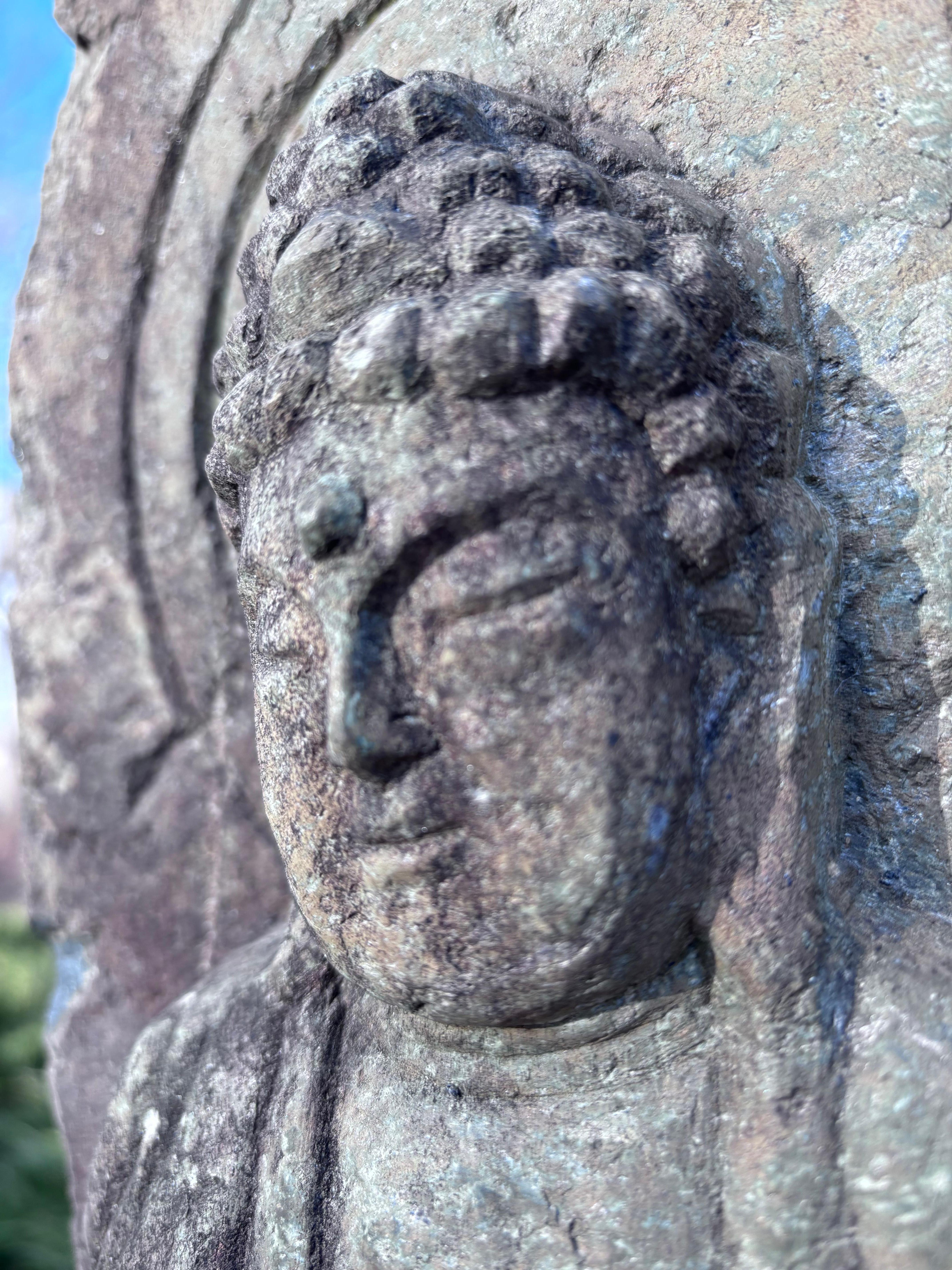 Japanese Tall Antique Stone Buddha Shakyamuni 27 Inches And Signed For Sale 6