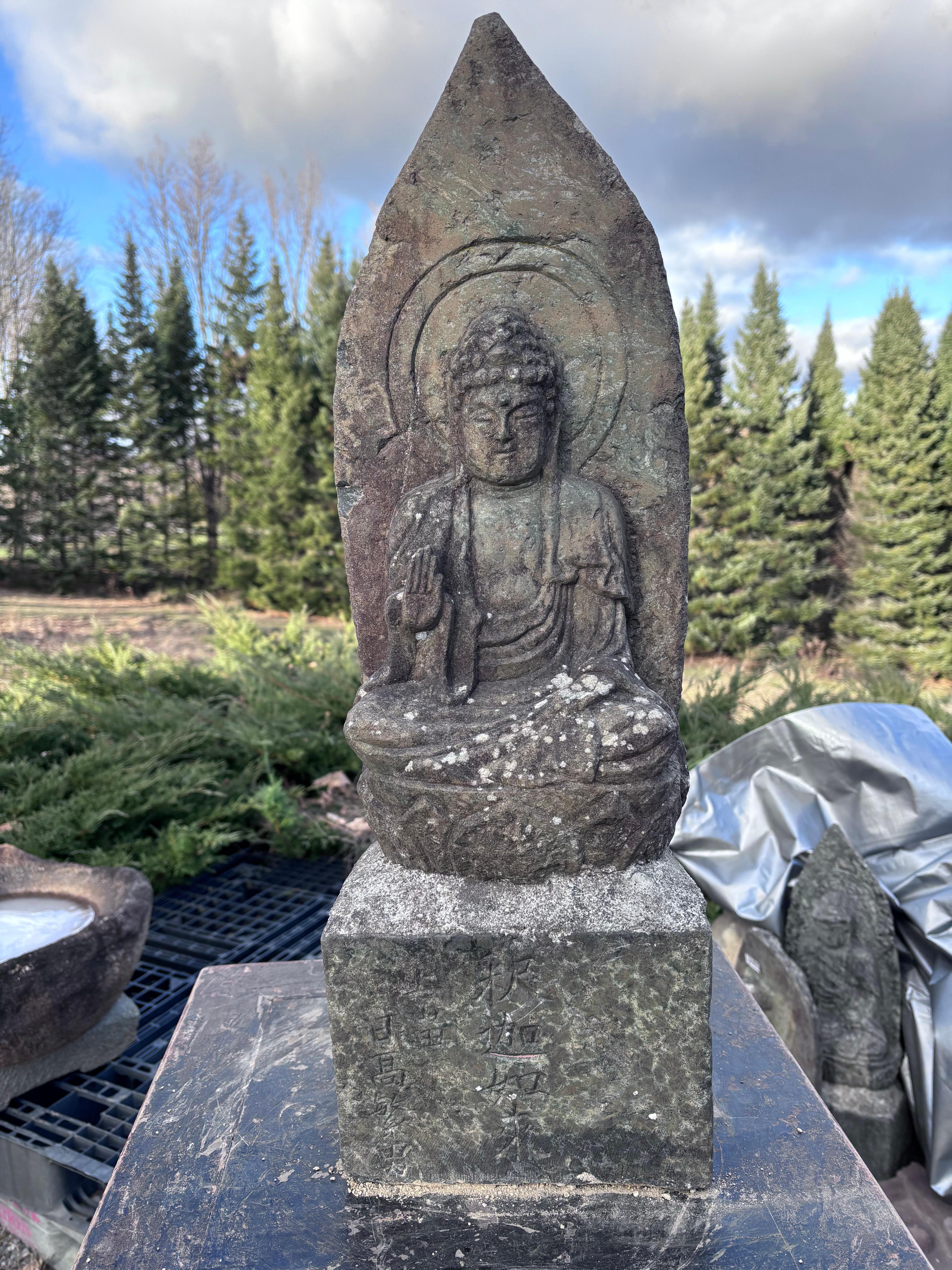 Taisho Japanese Tall Antique Stone Buddha Shakyamuni 27 Inches And Signed For Sale