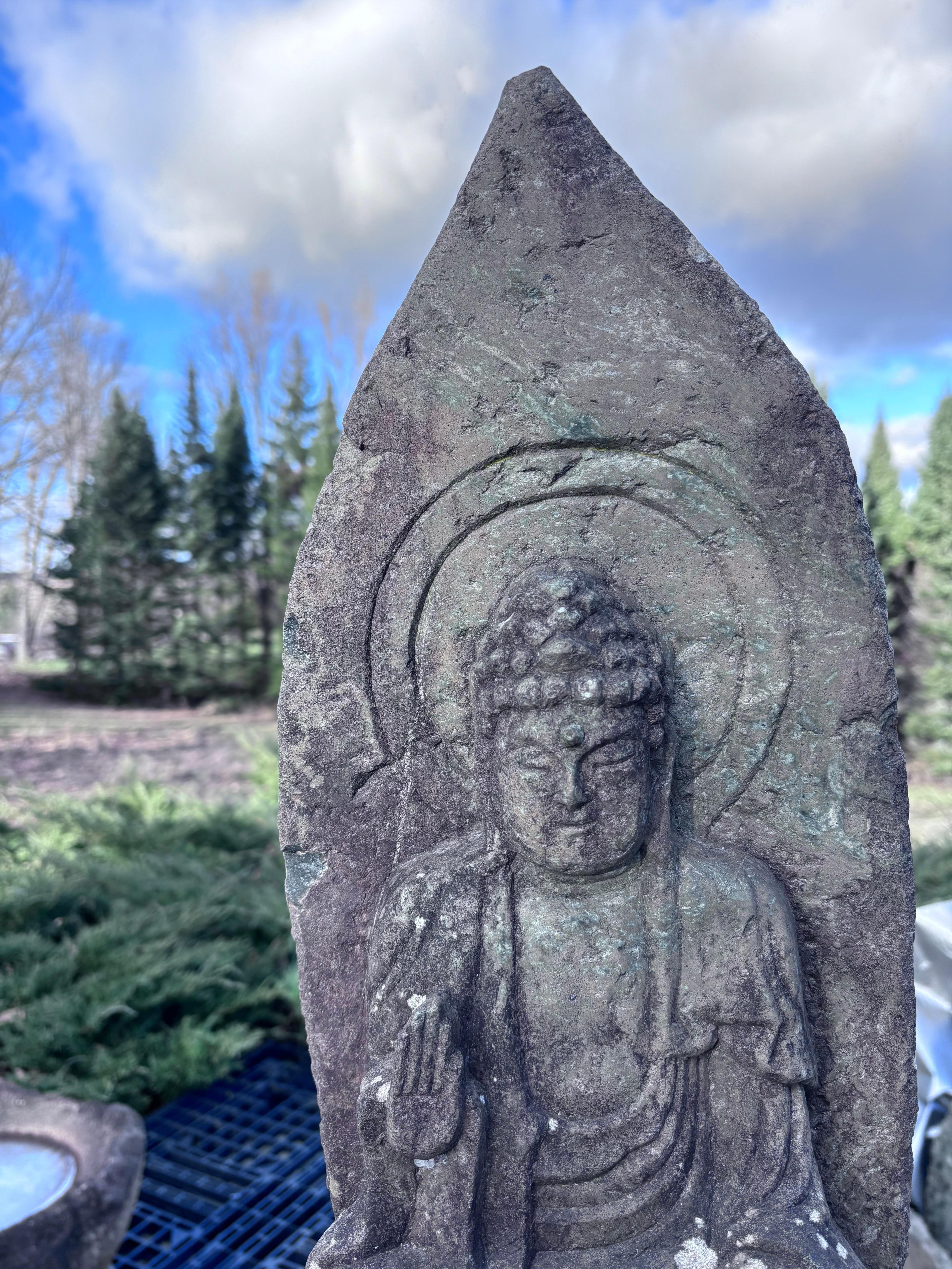 Hand-Carved Japanese Tall Antique Stone Buddha Shakyamuni 27 Inches And Signed For Sale
