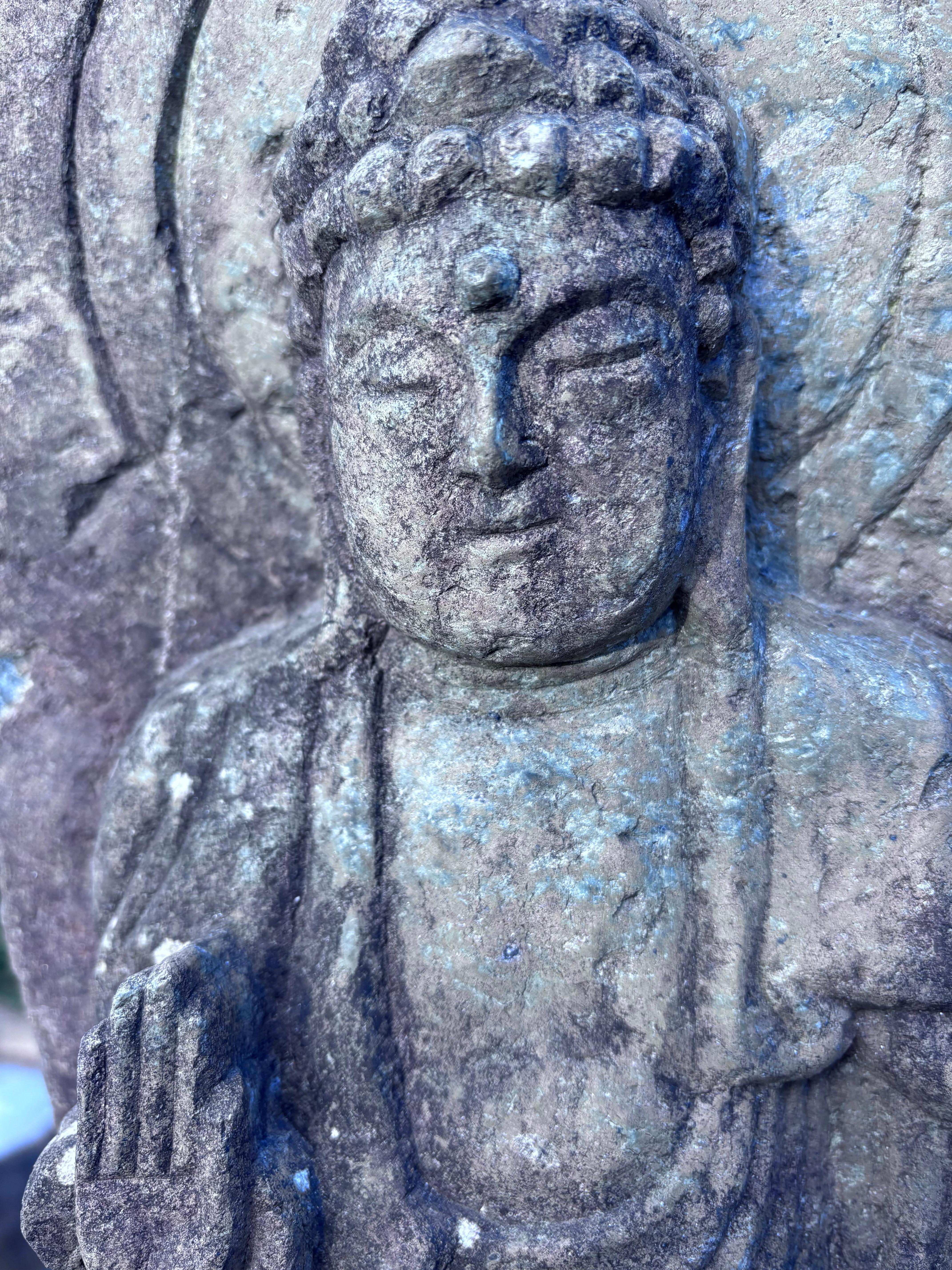 Japanese Tall Antique Stone Buddha Shakyamuni 27 Inches And Signed In Good Condition For Sale In South Burlington, VT