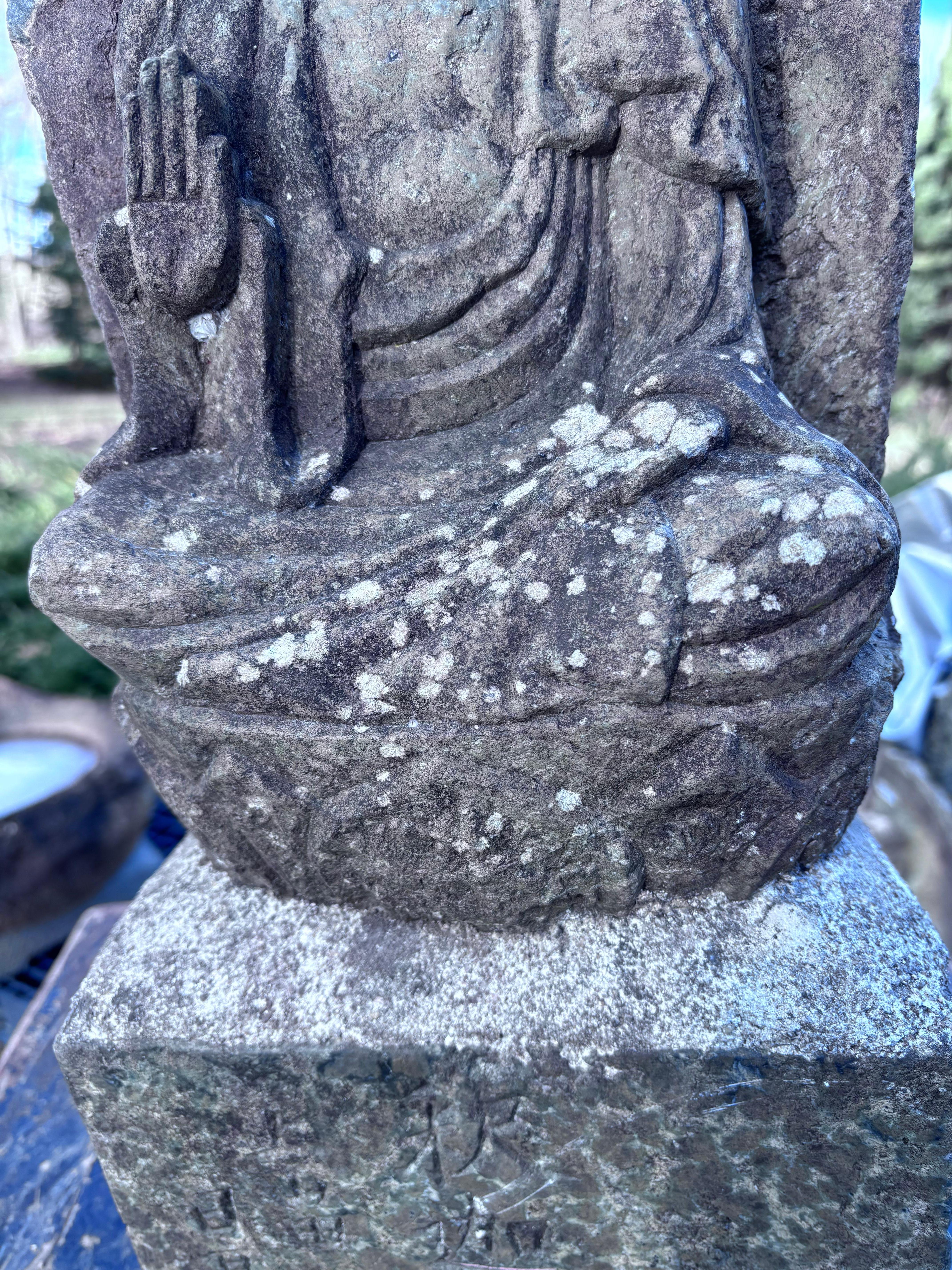 20th Century Japanese Tall Antique Stone Buddha Shakyamuni 27 Inches And Signed For Sale