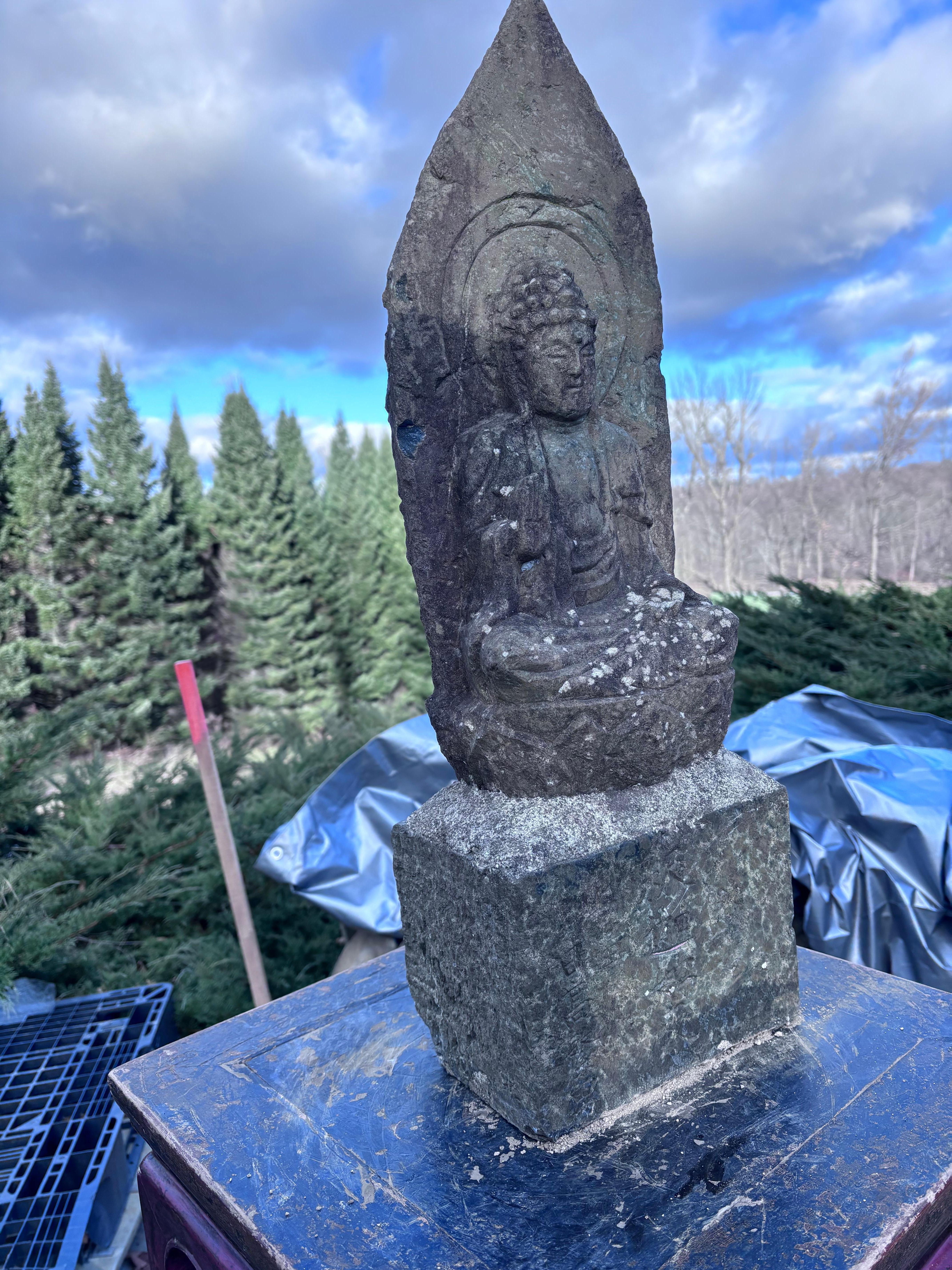 Japanese Tall Antique Stone Buddha Shakyamuni 27 Inches And Signed For Sale 3