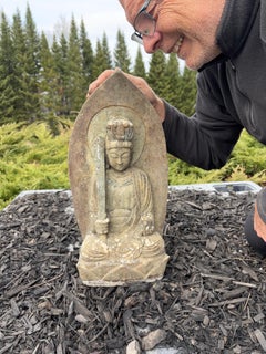 Japanese Tall Antique Stone Crowned Buddha Shakyamuni 19 Inches Original Paint