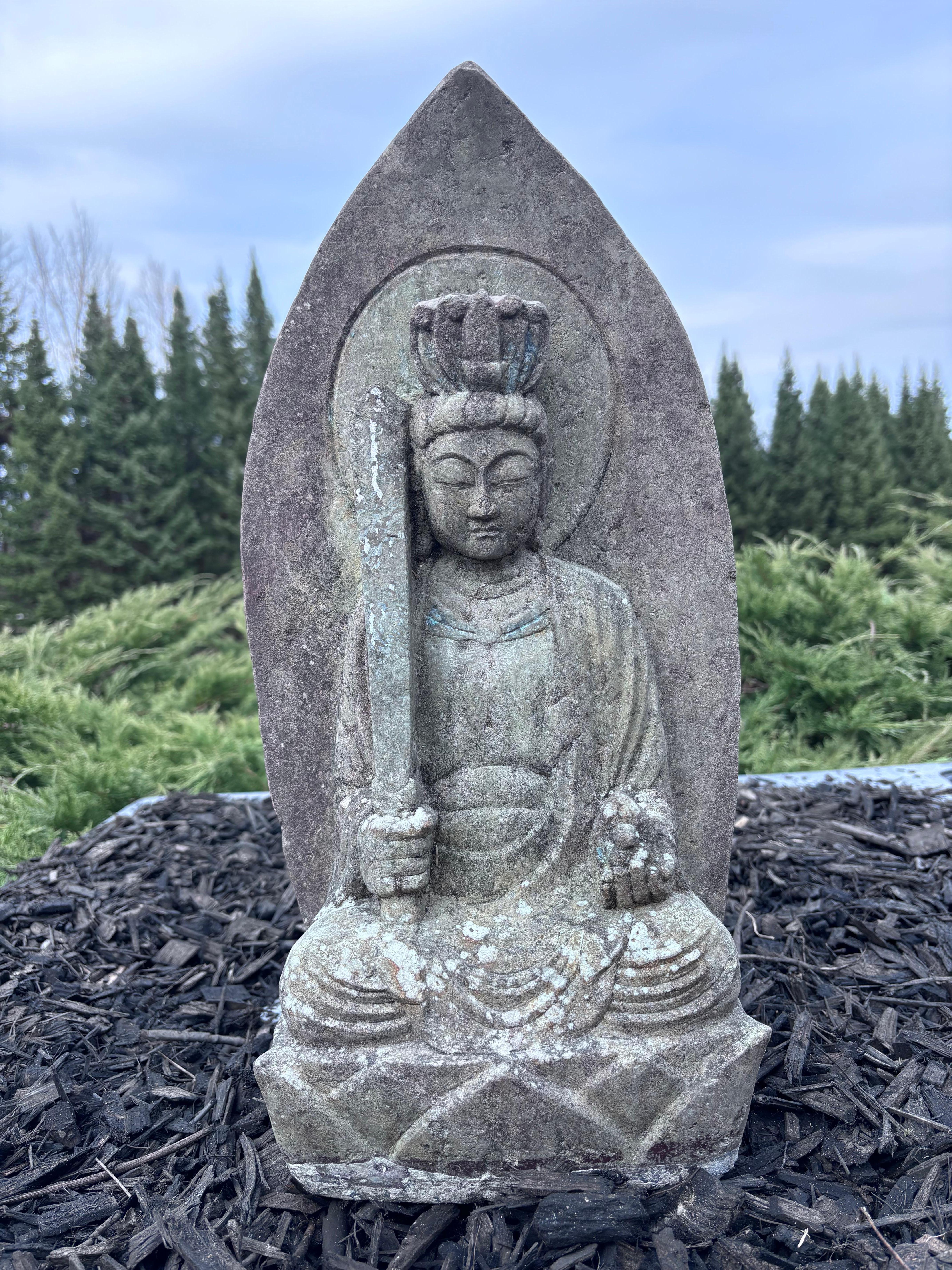 Taisho Japanese Tall Antique Stone Crowned Buddha Shakyamuni 19 Inches Original Paint For Sale
