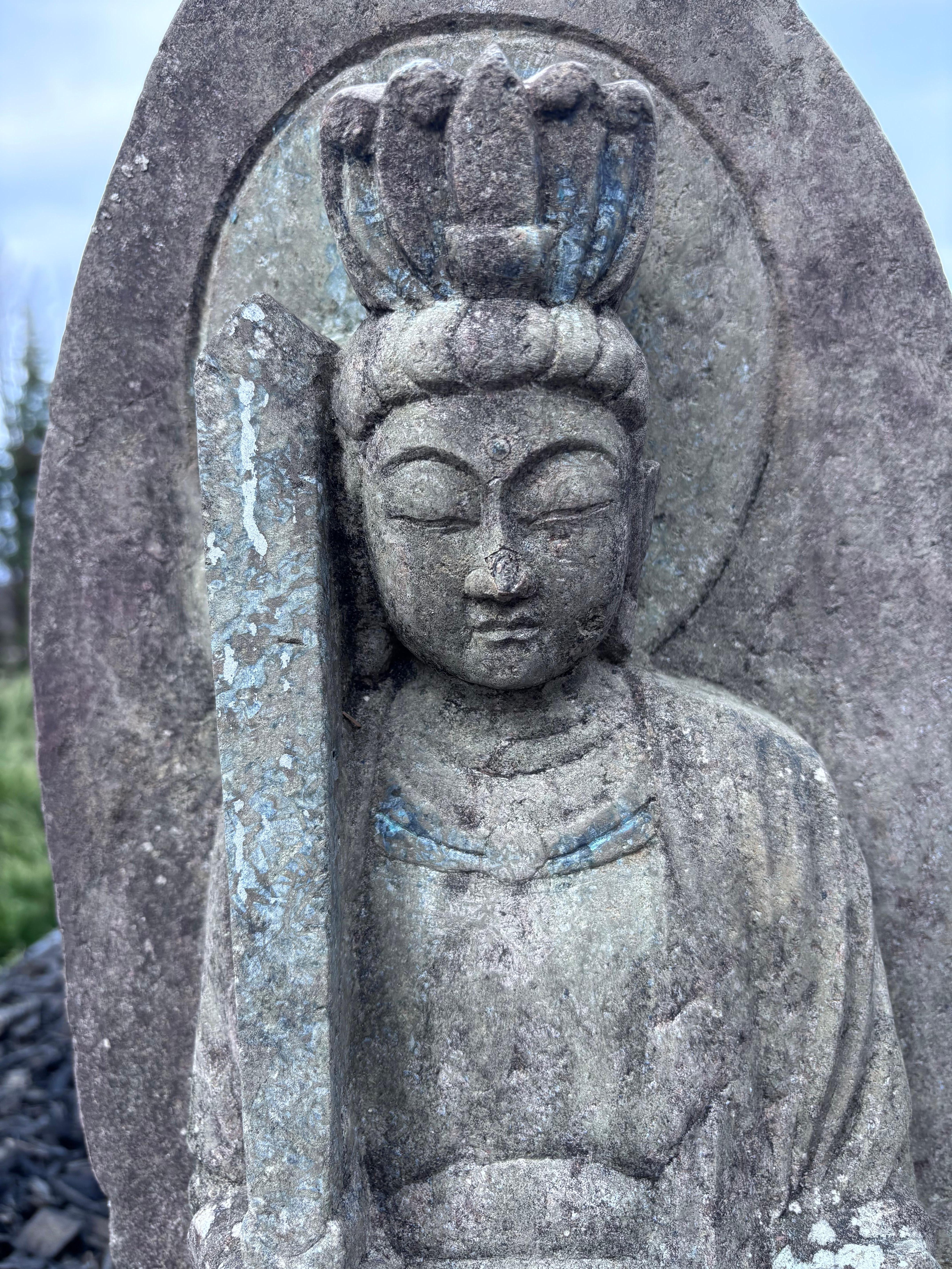 Hand-Carved Japanese Tall Antique Stone Crowned Buddha Shakyamuni 19 Inches Original Paint For Sale