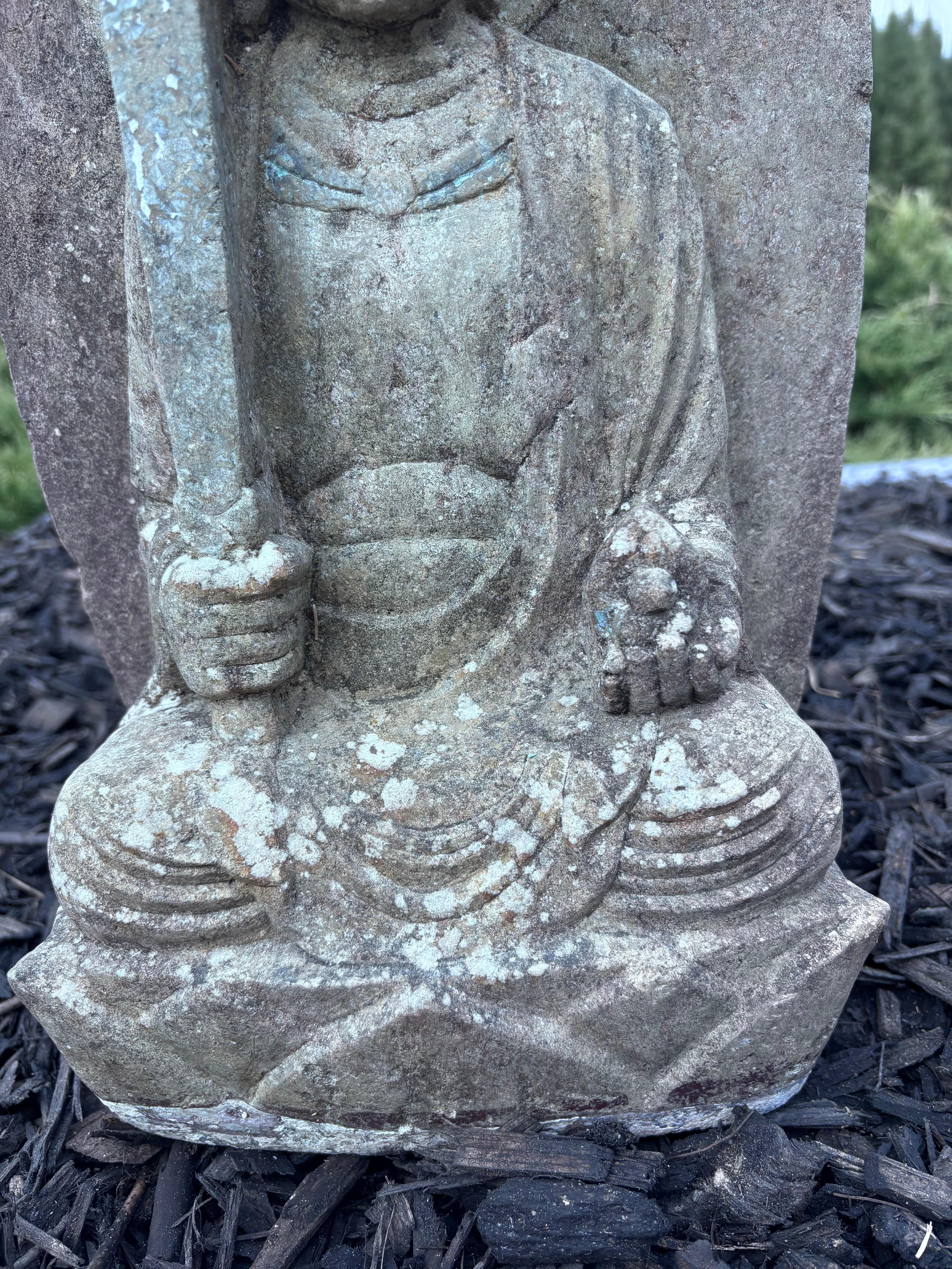 Japanese Tall Antique Stone Crowned Buddha Shakyamuni 19 Inches Original Paint In Good Condition For Sale In South Burlington, VT