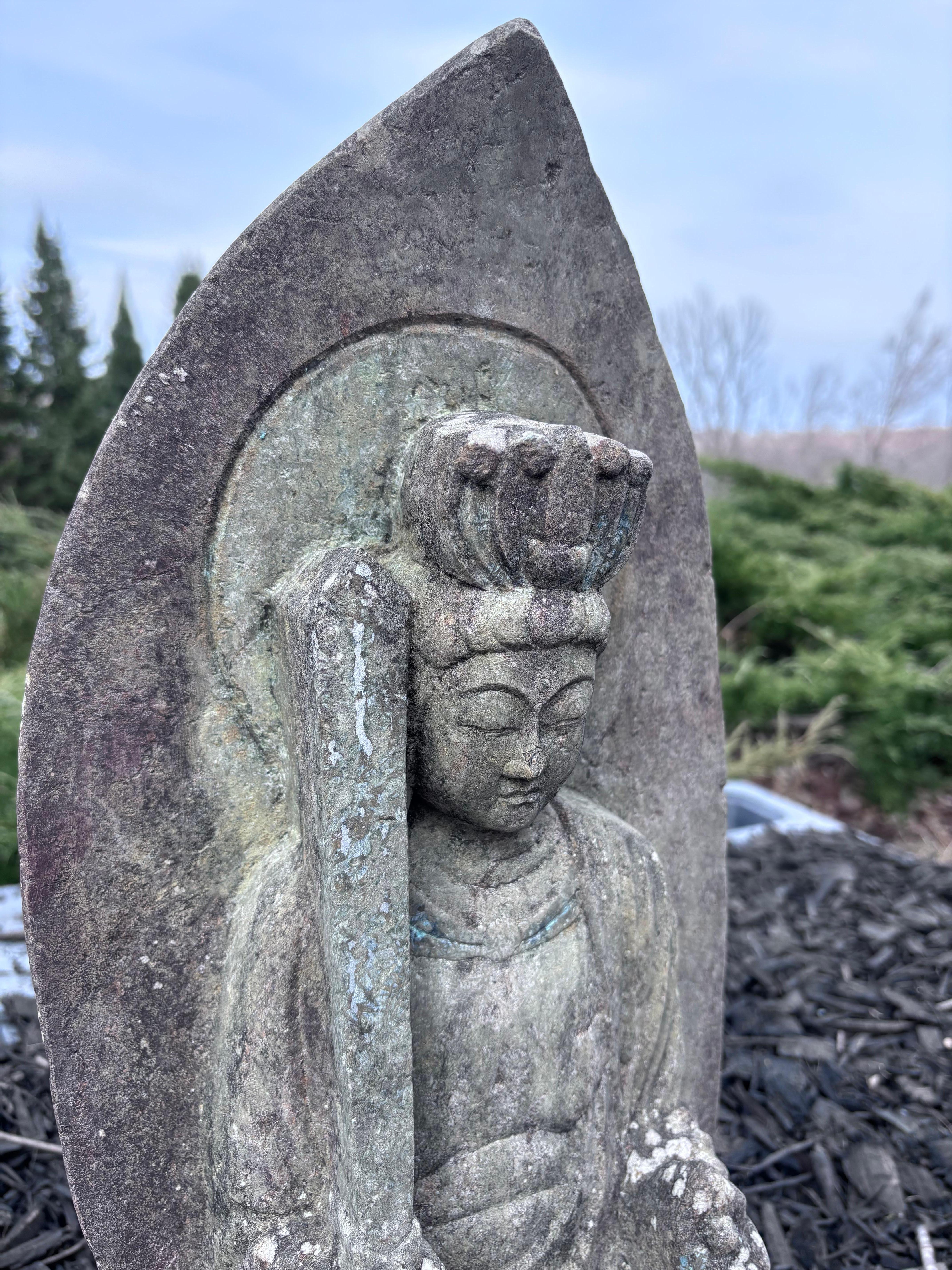 20th Century Japanese Tall Antique Stone Crowned Buddha Shakyamuni 19 Inches Original Paint For Sale