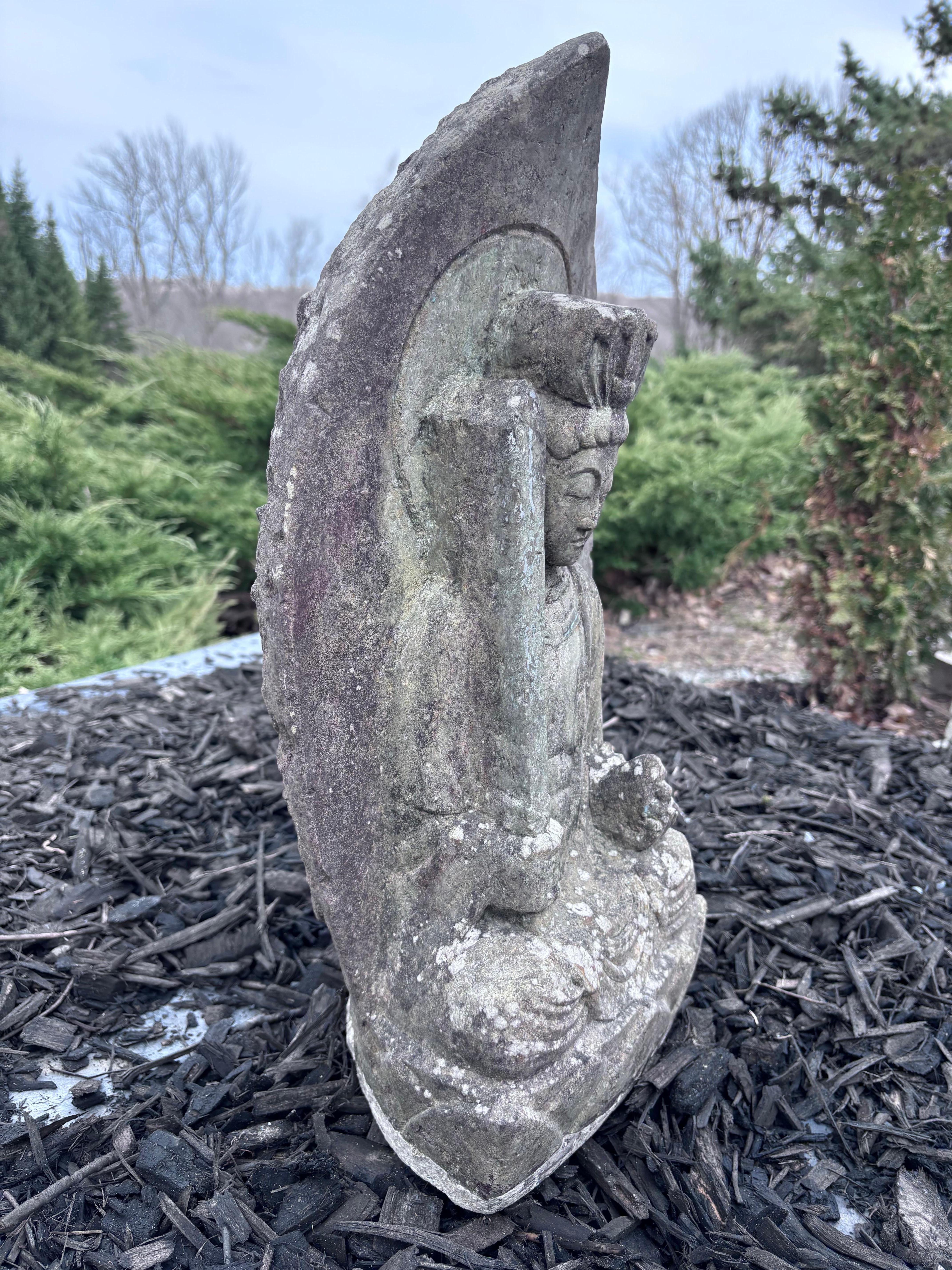 Japanese Tall Antique Stone Crowned Buddha Shakyamuni 19 Inches Original Paint For Sale 2