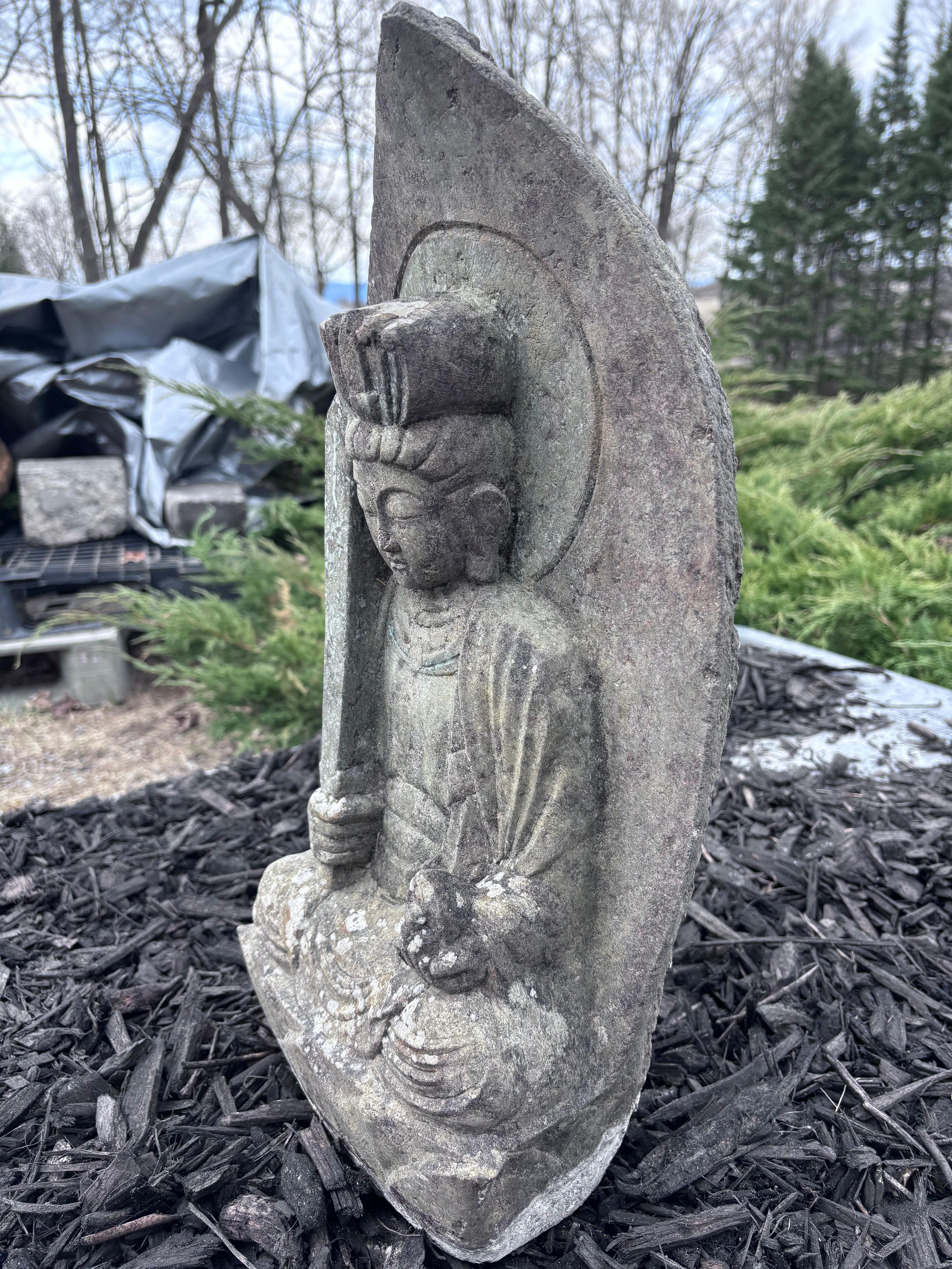Japanese Tall Antique Stone Crowned Buddha Shakyamuni 19 Inches Original Paint For Sale 3