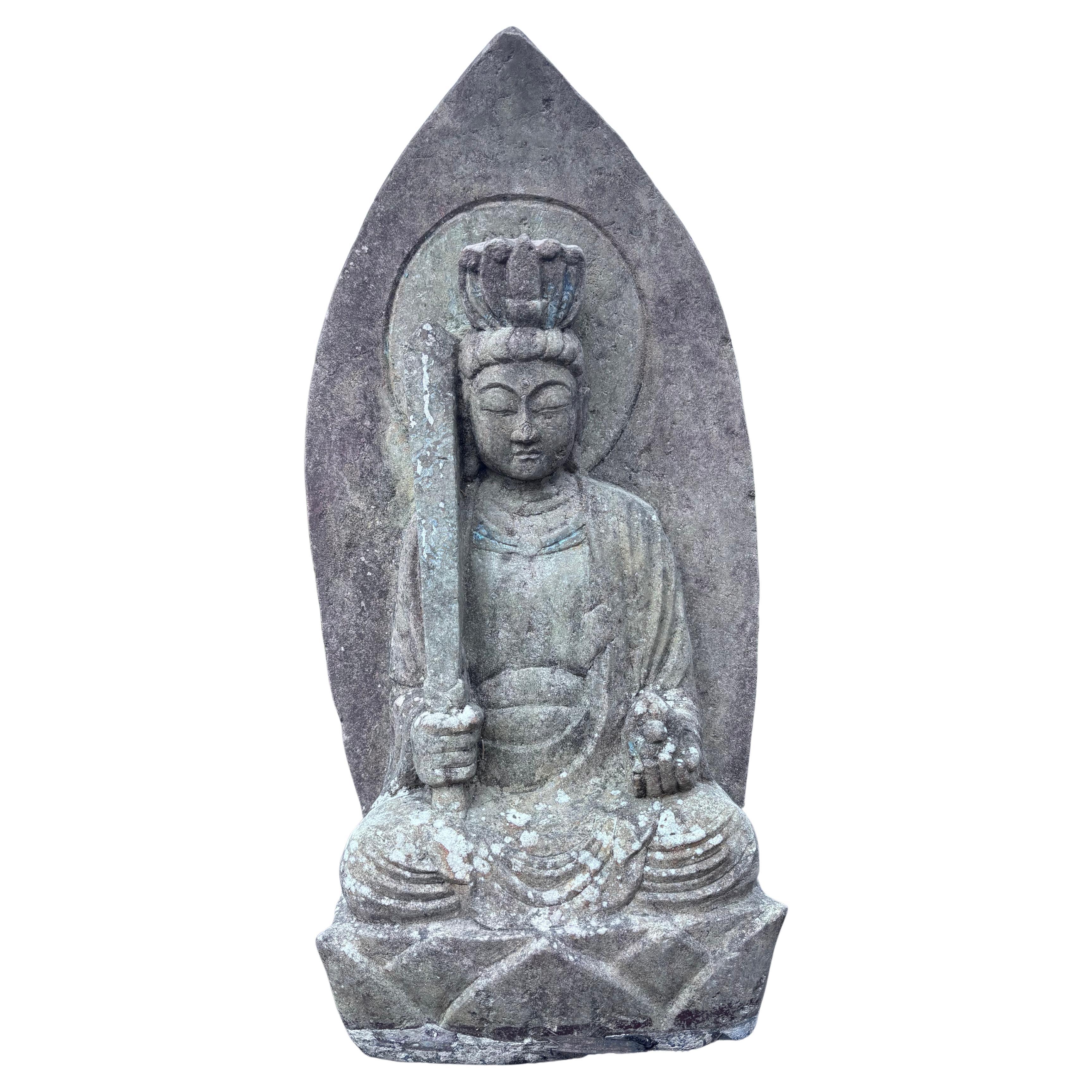 Japanese Tall Antique Stone Crowned Buddha Shakyamuni 19 Inches Original Paint For Sale