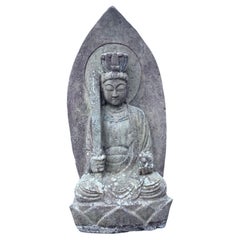 Japanese Tall Antique Stone Crowned Buddha Shakyamuni 19 Inches Original Paint