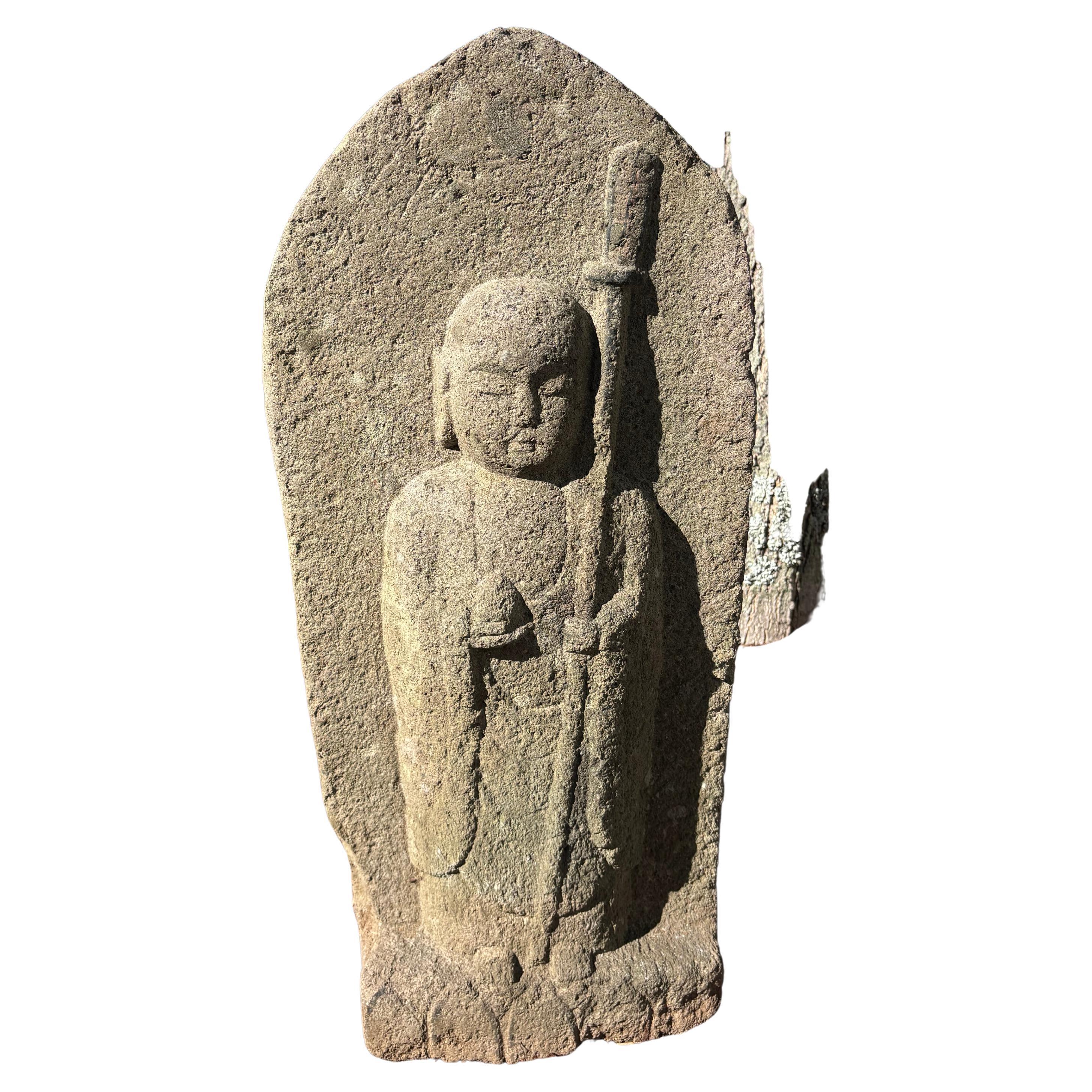 Grand Jizo Spirituel Japonais Antique en Pierre de Jardin 19èmec. 30 pouces
