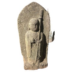 Grand Jizo Spirituel Japonais Antique en Pierre de Jardin 19èmec. 30 pouces