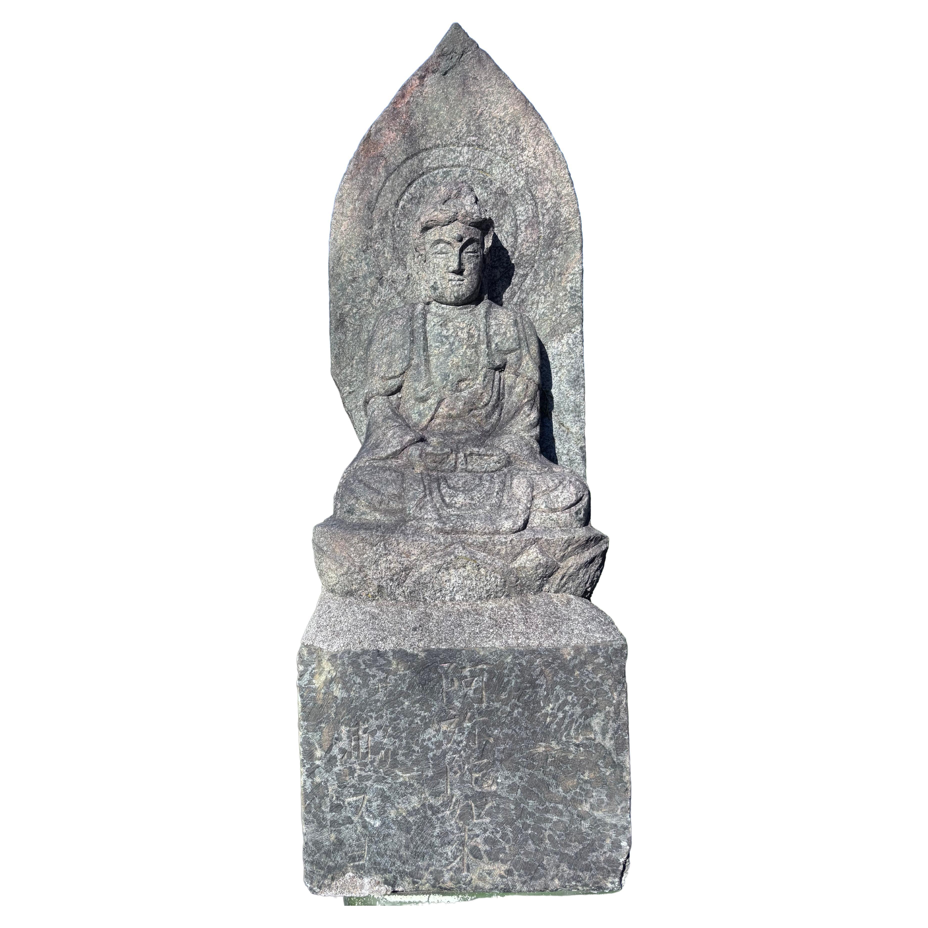 Buddha da meditazione giapponese alto e antico in pietra Shakyamuni 26 pollici