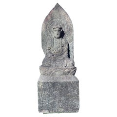 Japanese Tall Antique Stone Meditation Buddha Shakyamuni 26 Inches