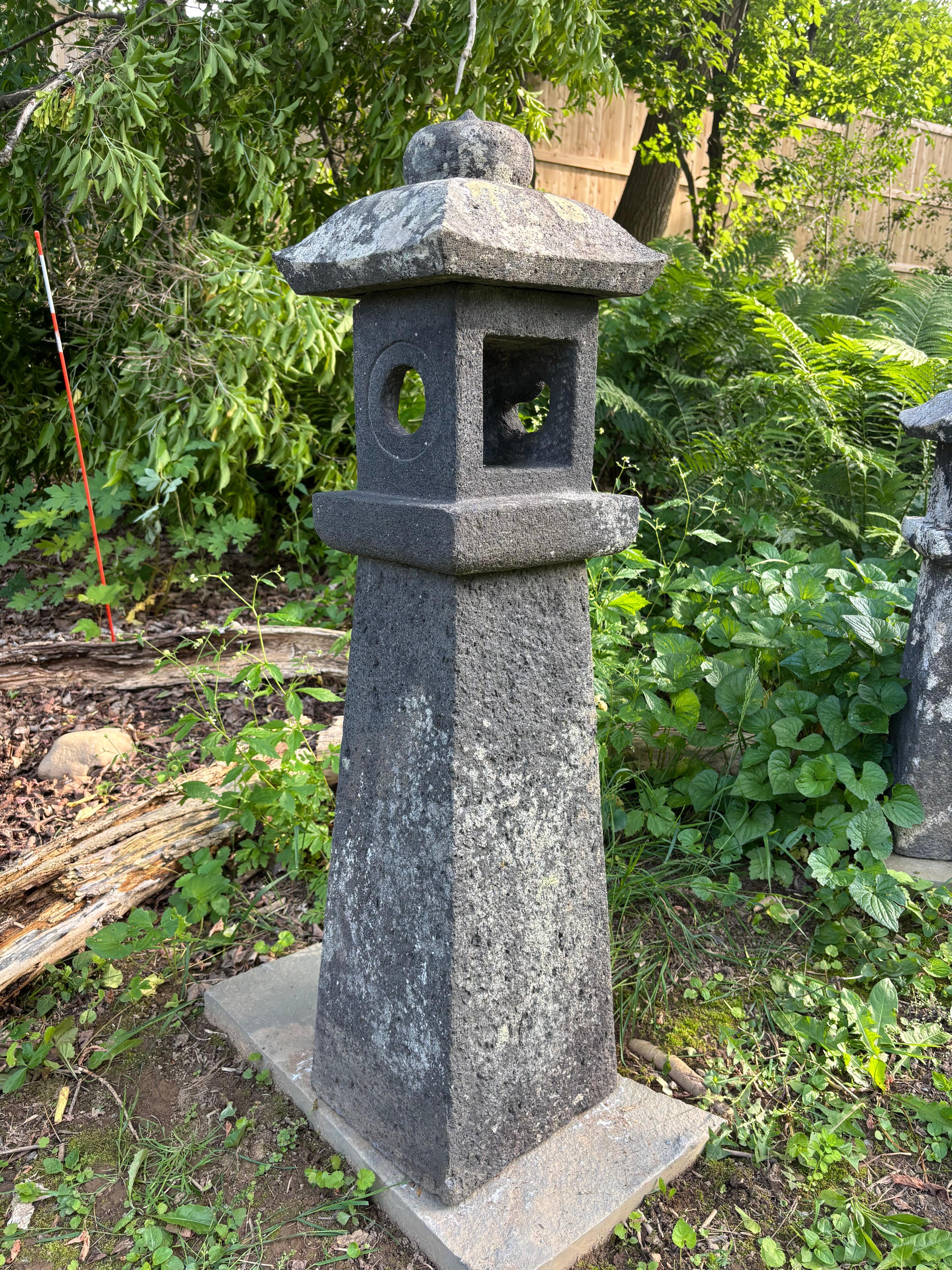Taisho Japanese Tall Antique Stone Sun And Moon Lantern Beautiful Details 42 Inches For Sale