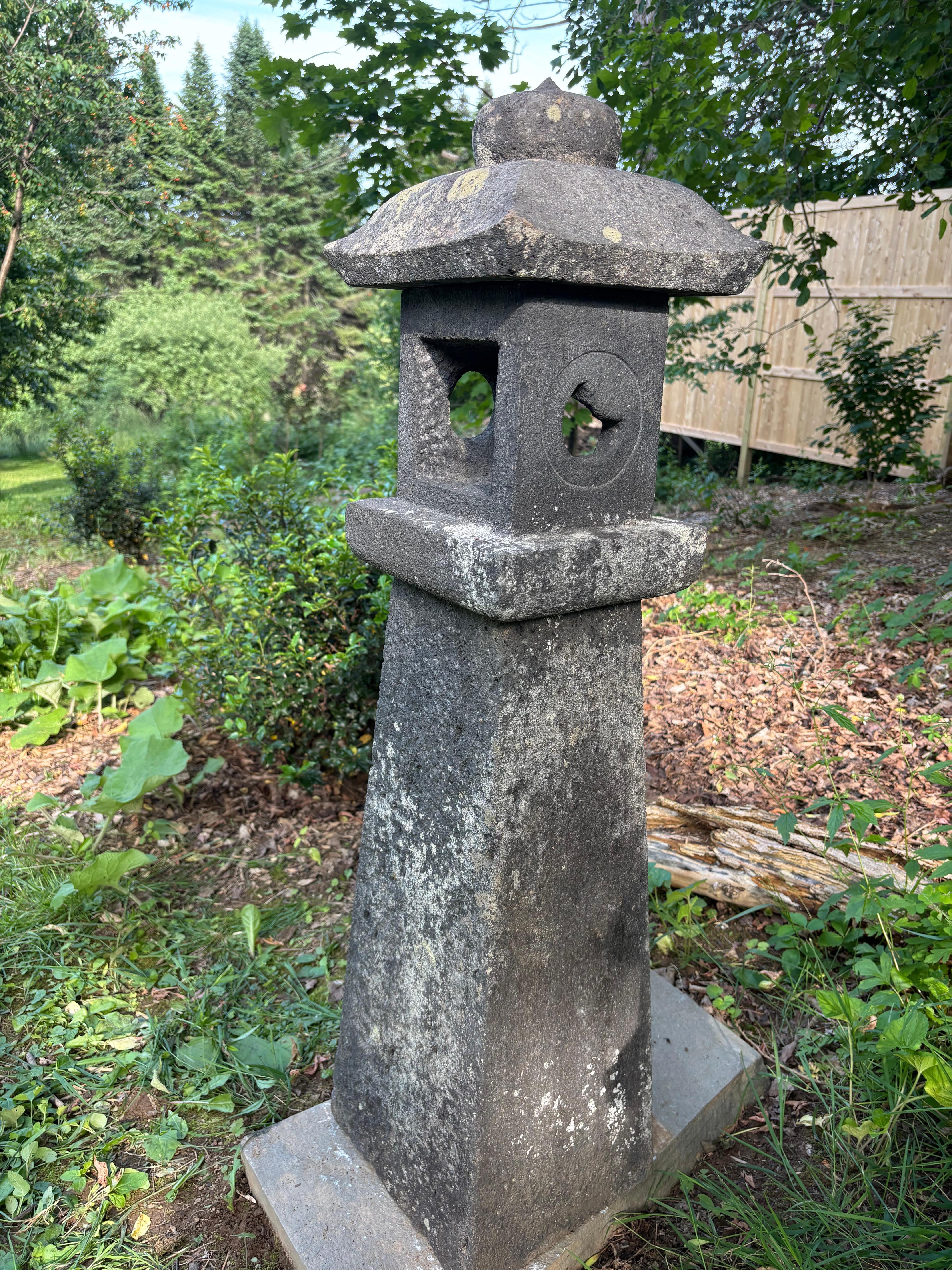 Hand-Carved Japanese Tall Antique Stone Sun And Moon Lantern Beautiful Details 42 Inches For Sale