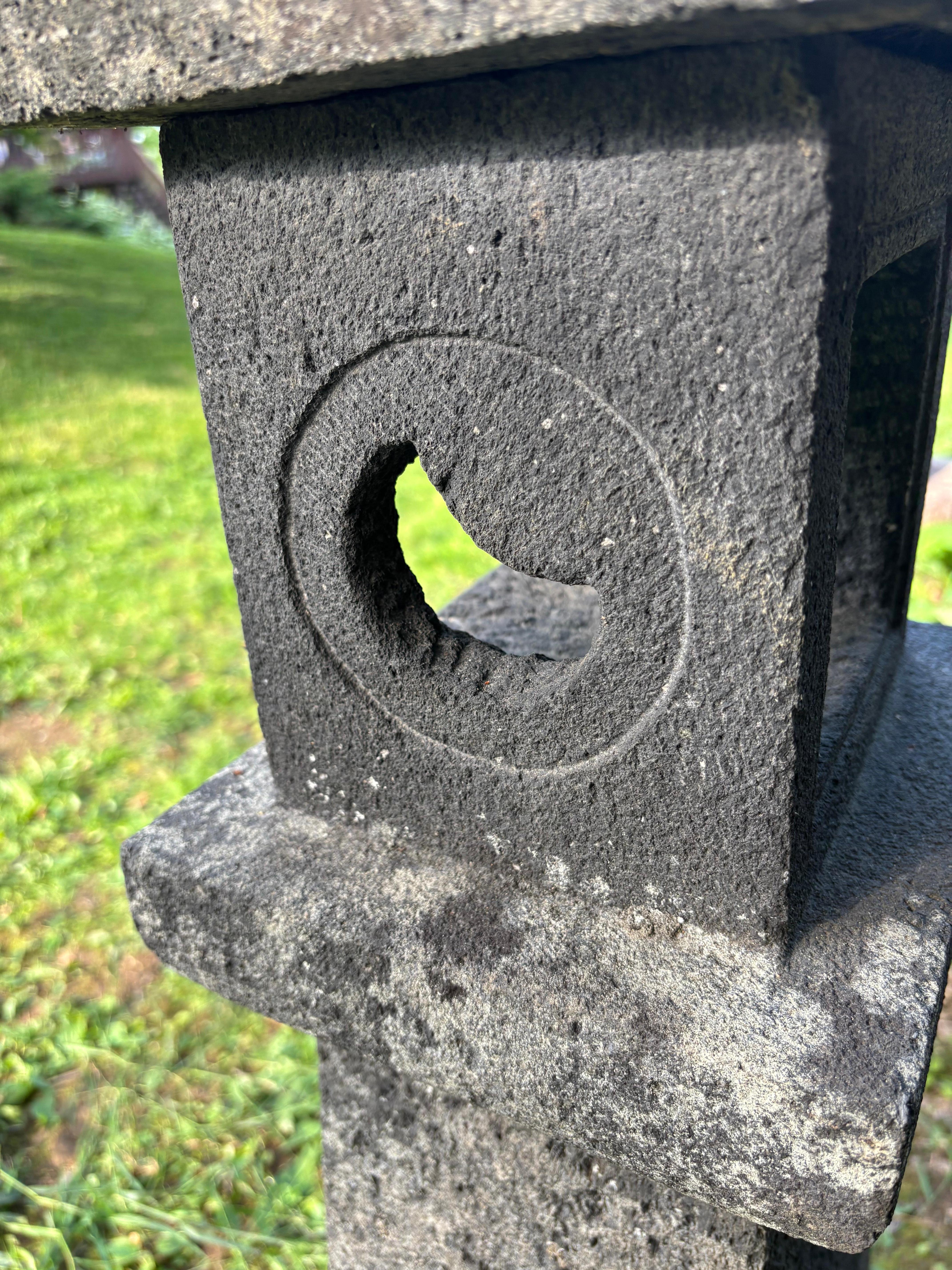 Japanese Tall Antique Stone Sun And Moon Lantern Beautiful Details 42 Inches For Sale 1