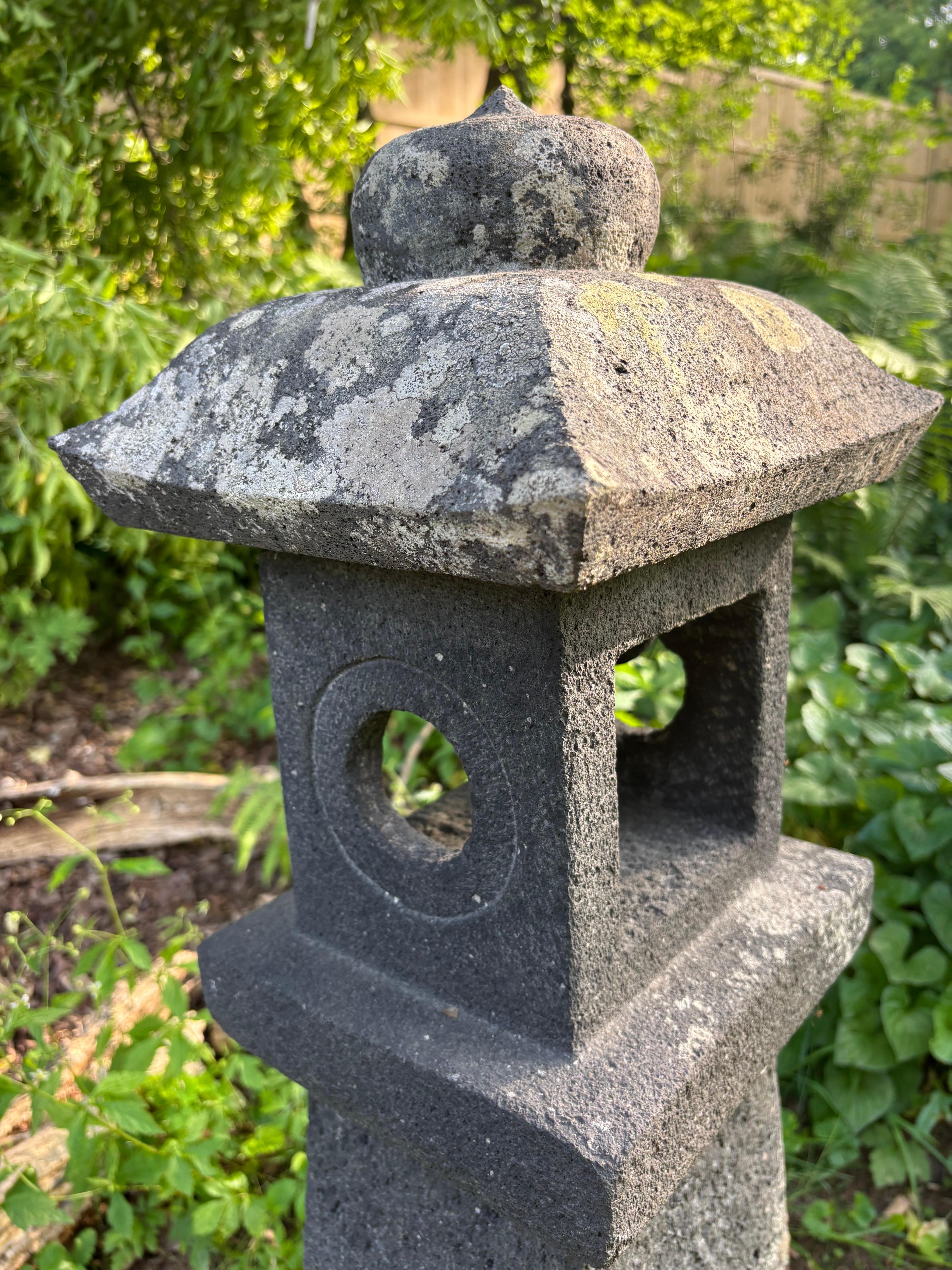 Japanese Tall Antique Stone Sun And Moon Lantern Beautiful Details 42 Inches For Sale 2
