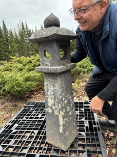 Japanese Tall Antique Stone Sun And Moon Pathway Lantern Beautiful Details, 40"