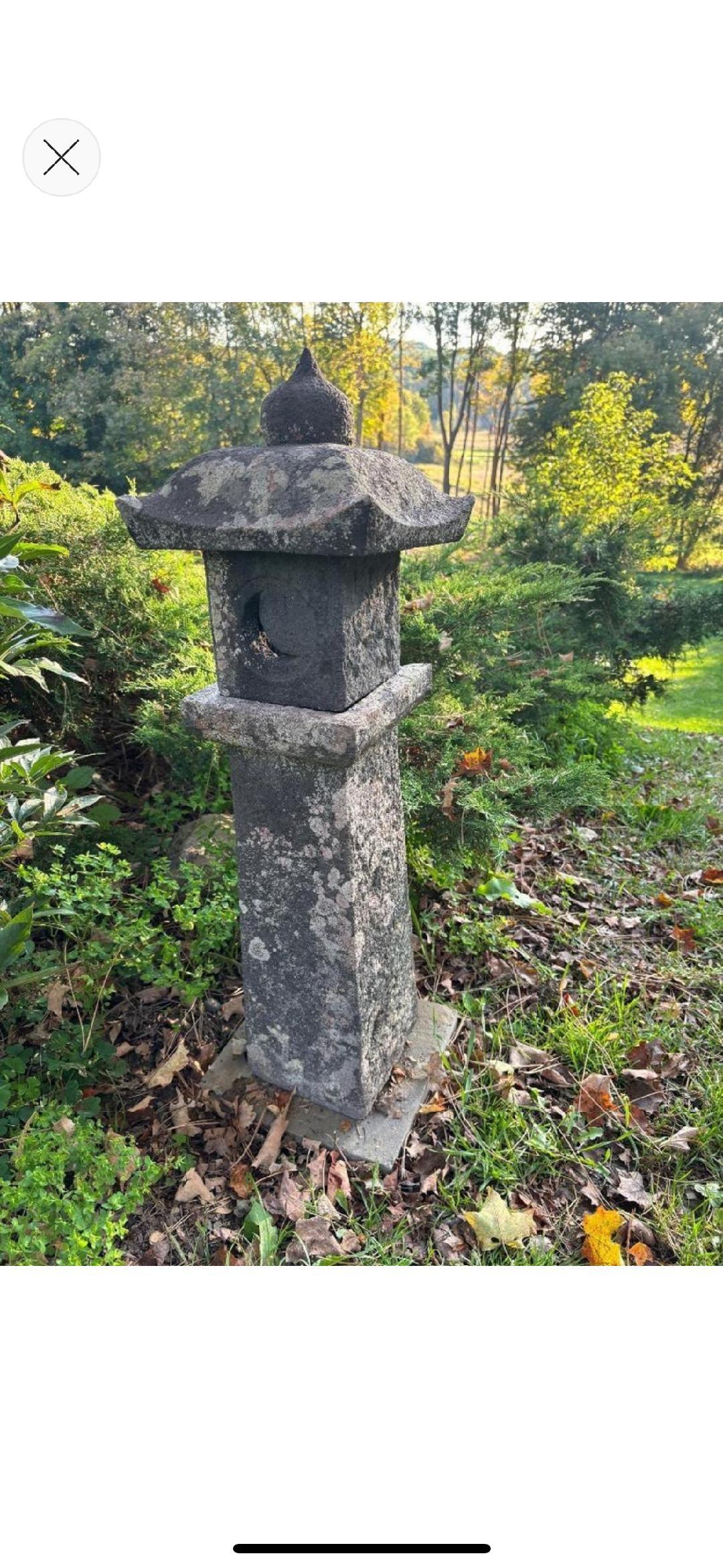 Japanese Tall Antique Stone Sun And Moon Pathway Lantern Beautiful Details, 40