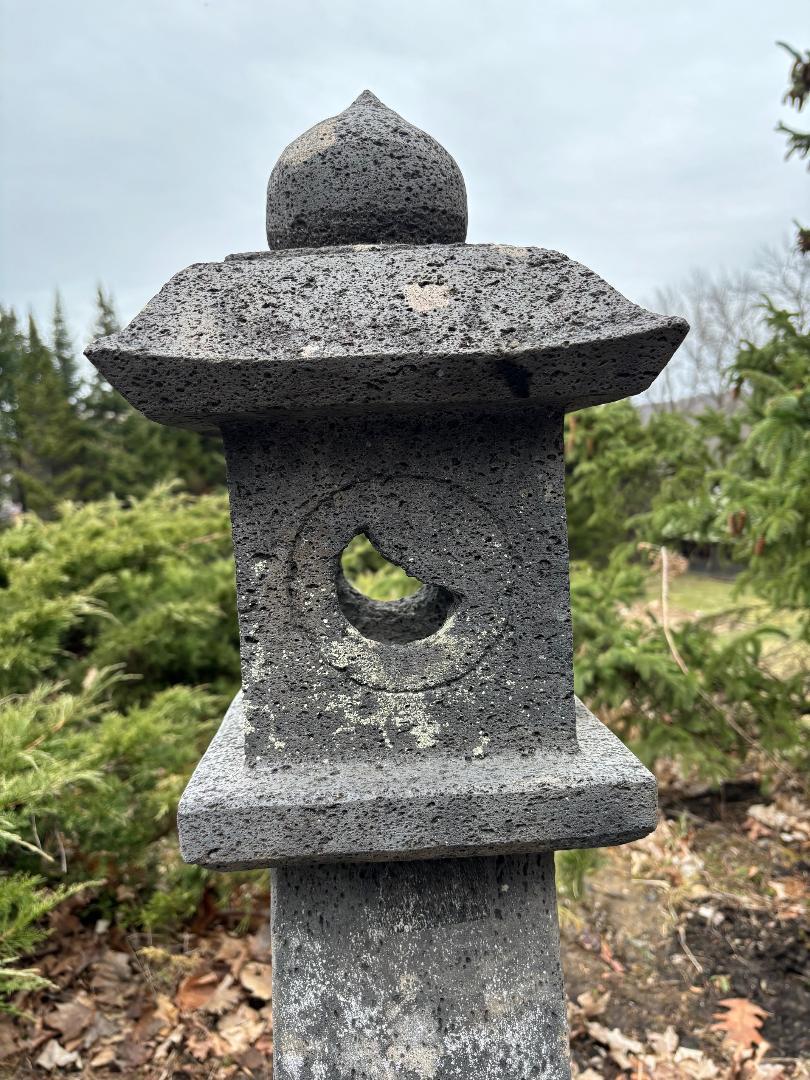 20th Century Japanese Tall Antique Stone Sun And Moon Pathway Lantern Beautiful Details, 40