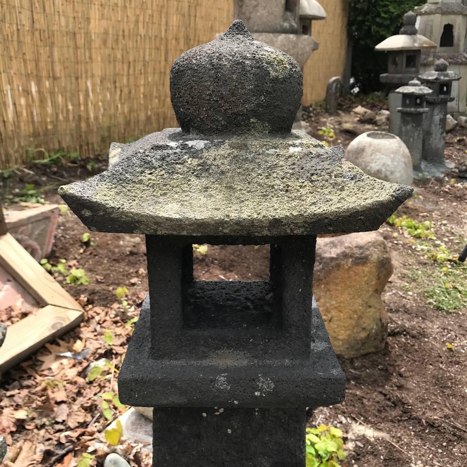 Taisho Japanese Tall Black Antique Pathway Stone Lantern, 100 Years Old, 31