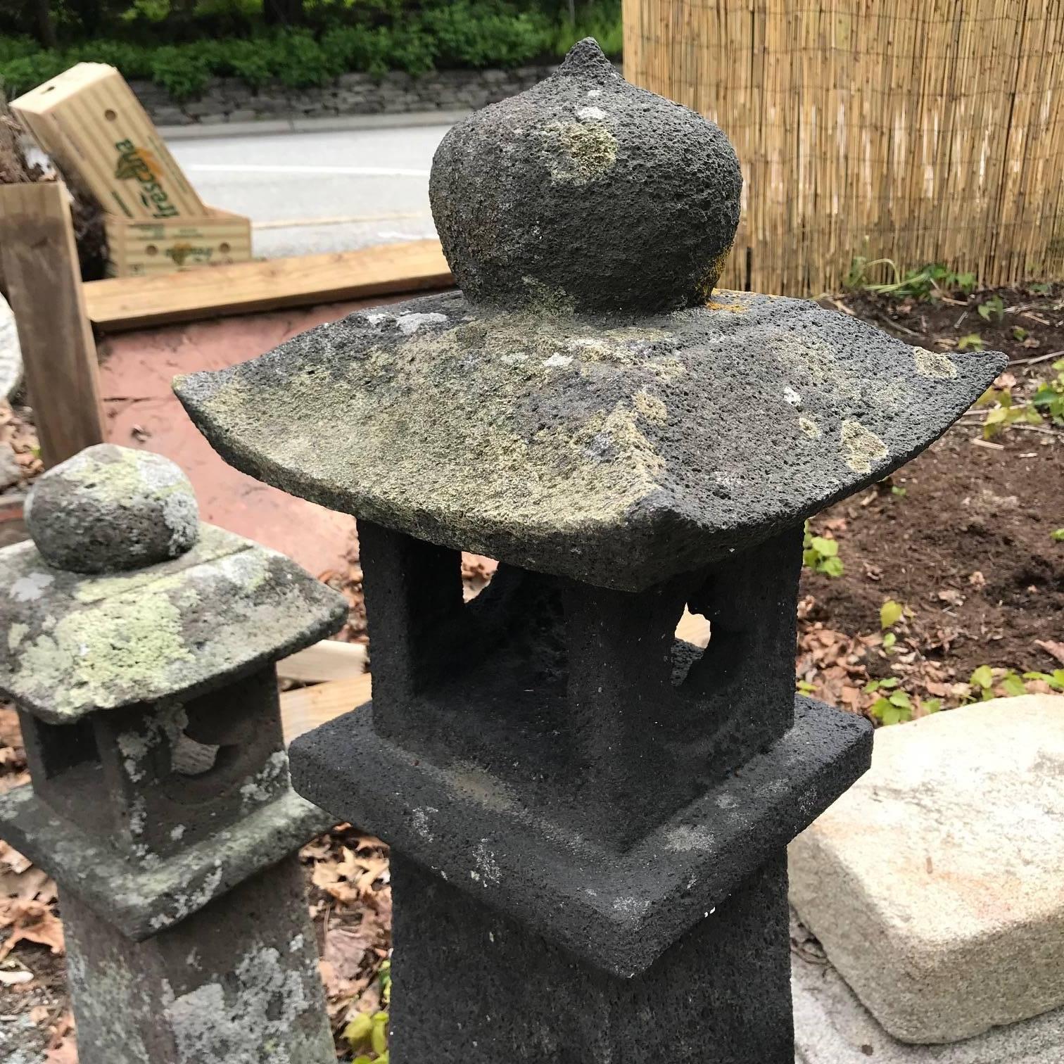 Hand-Carved Japanese Tall Black Antique Pathway Stone Lantern, 19th Century