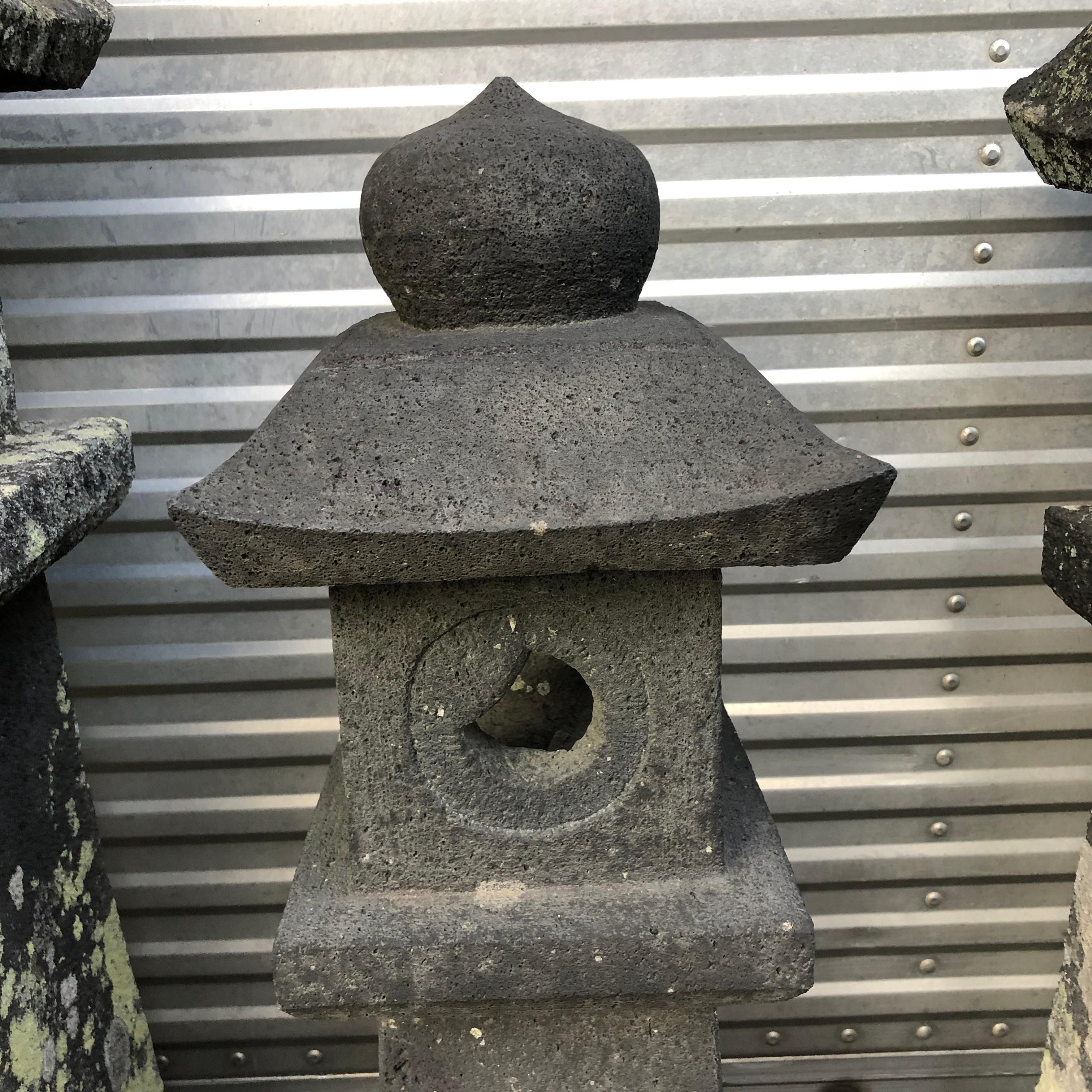Hand-Carved Japanese Tall Black Antique Pathway Stone Lantern, 100 Years Old, 31
