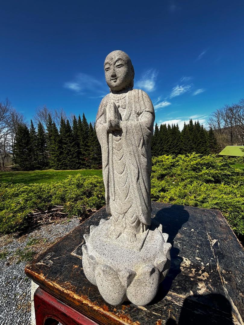 Showa Japanese Tall Delightful Old Stone Buddha On Lotus Base For Sale