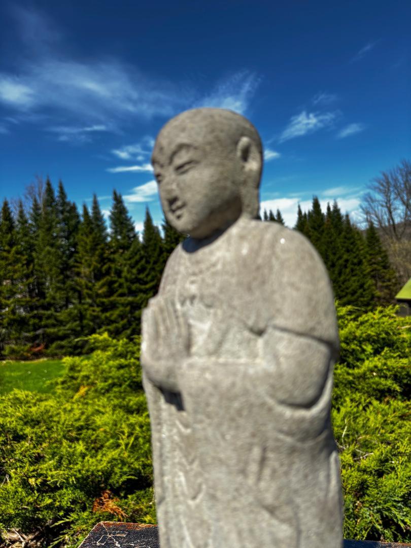 Hand-Carved Japanese Tall Delightful Old Stone Buddha On Lotus Base For Sale