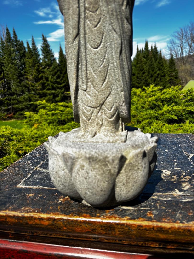 Japanese Tall Delightful Old Stone Buddha On Lotus Base In Good Condition For Sale In South Burlington, VT