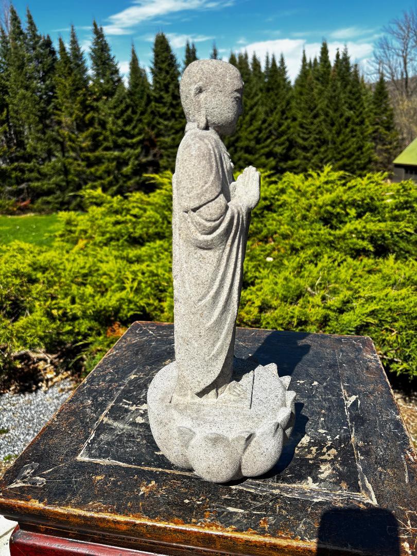 20th Century Japanese Tall Delightful Old Stone Buddha On Lotus Base For Sale