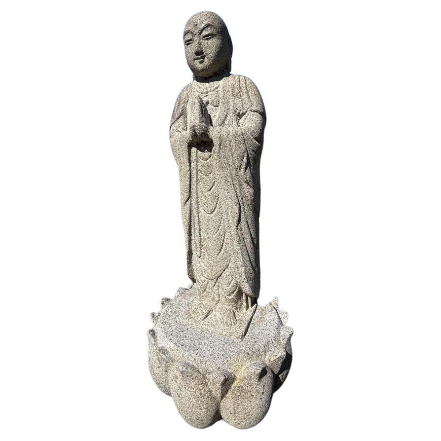 Japanese Tall Delightful Old Stone Buddha On Lotus Base For Sale