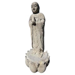 Used Japanese Tall Delightful Old Stone Buddha On Lotus Base