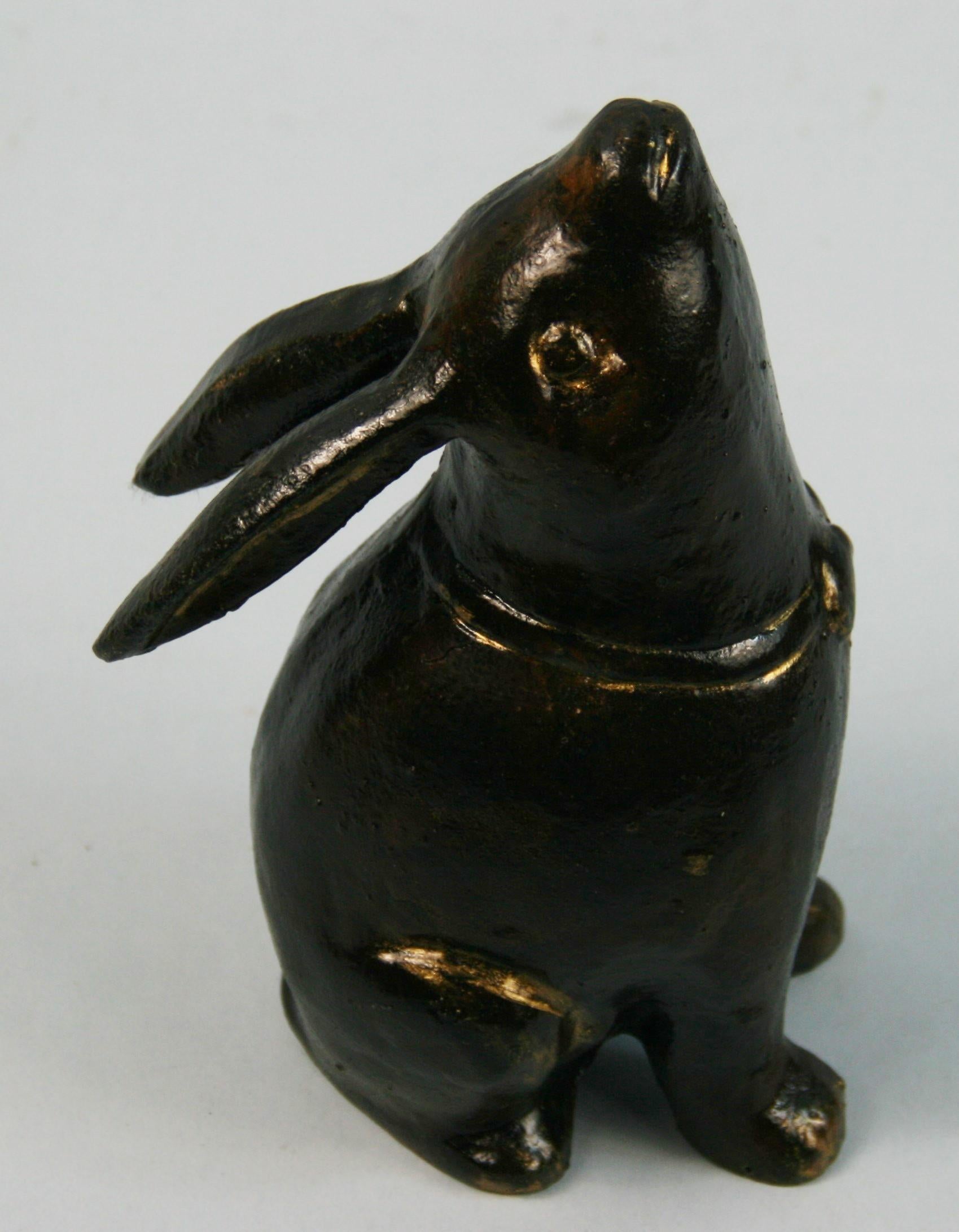 3-719 Japanese hand cast moon gazing rabbit dark bronze patina with traces of old color and gilding
