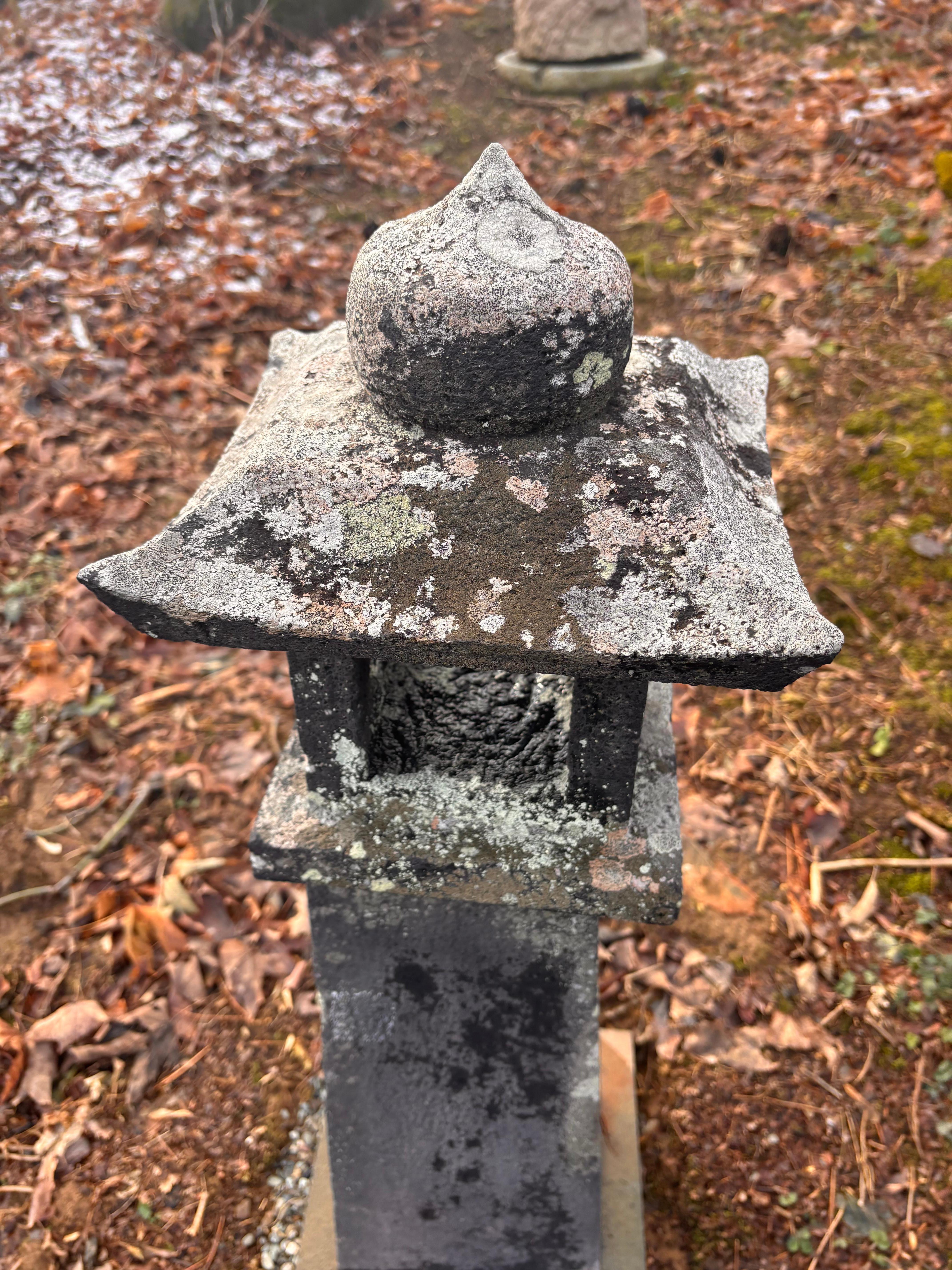 Japanese Tall Pair Antique Stone Sun And Moon Pathway Lanterns, 34 Inches 5