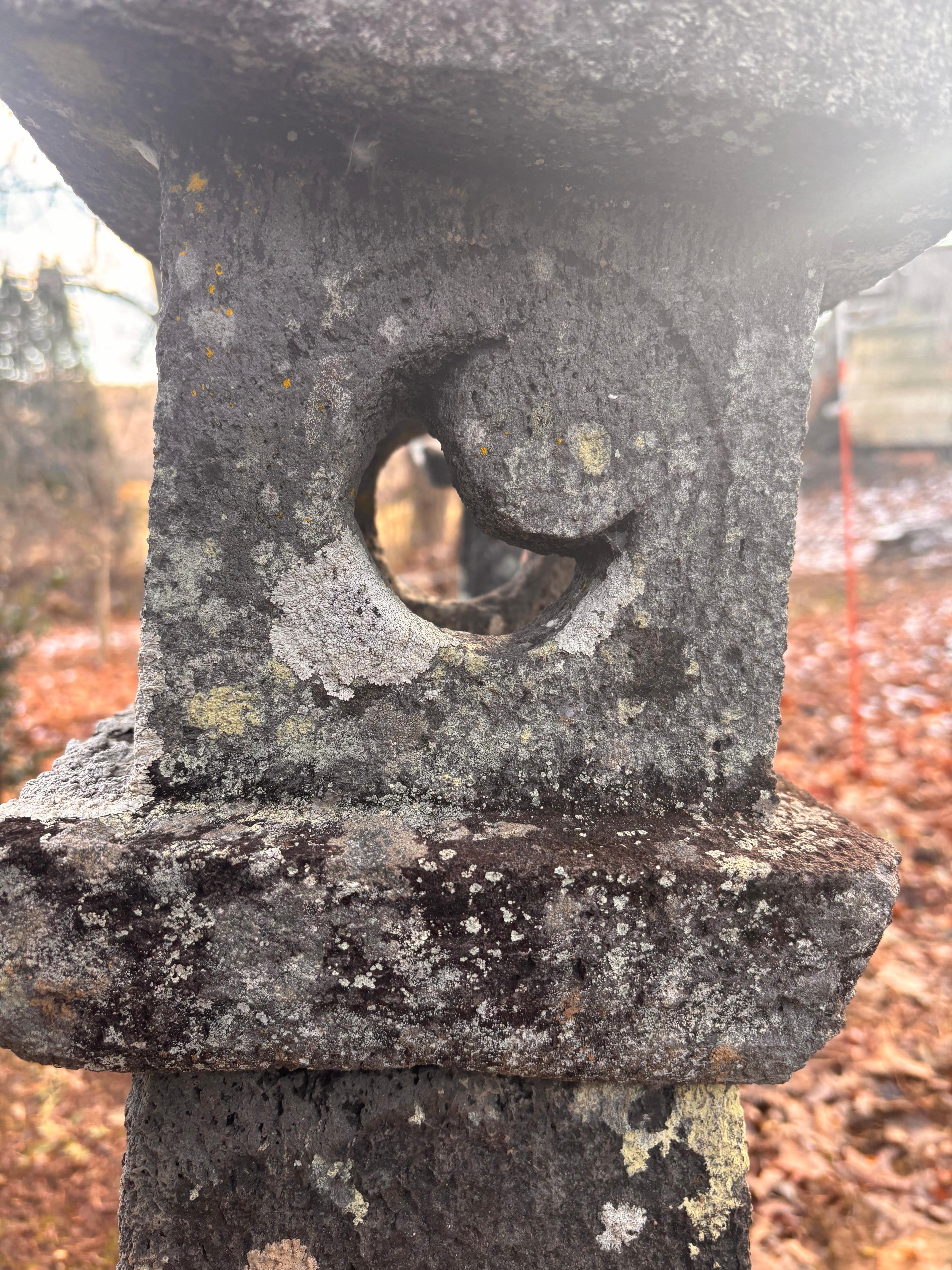 Japanese Tall Pair Antique Stone Sun And Moon Pathway Lanterns, 34 Inches 6