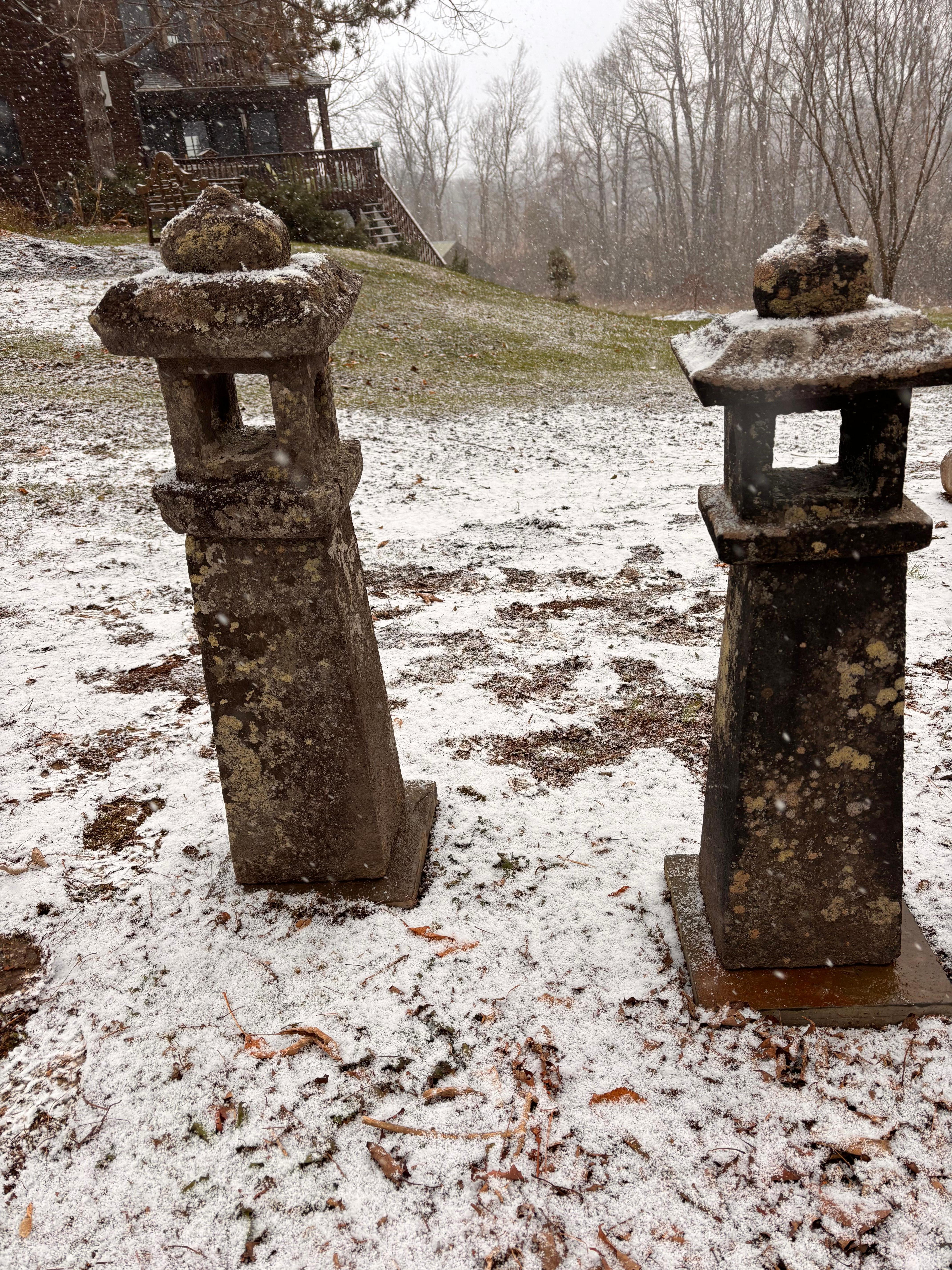 Taisho Japanese Tall Pair Antique Stone Sun And Moon Pathway Lanterns, 34 Inches