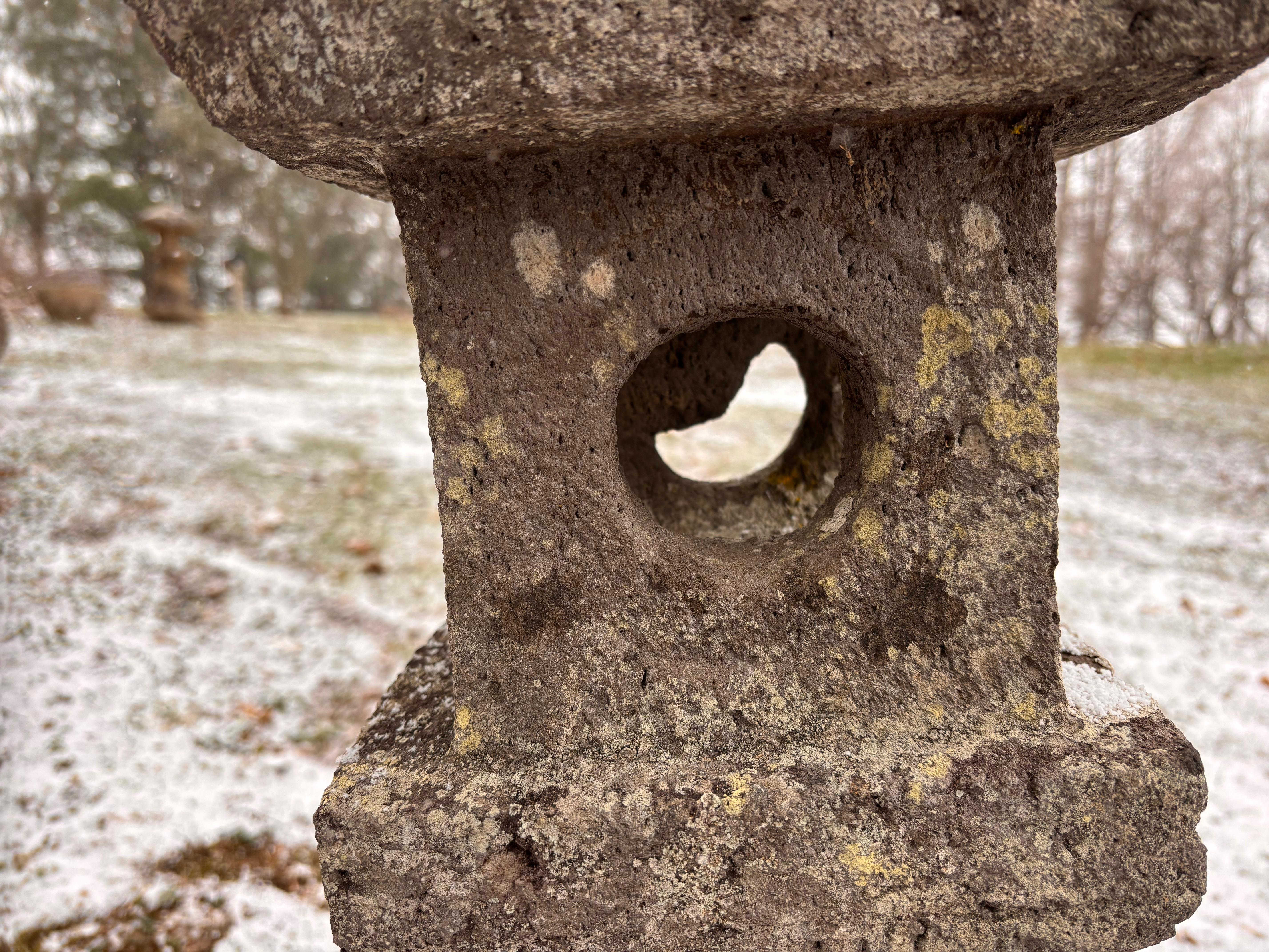Japanese Tall Pair Antique Stone Sun And Moon Pathway Lanterns, 34 Inches In Good Condition In South Burlington, VT