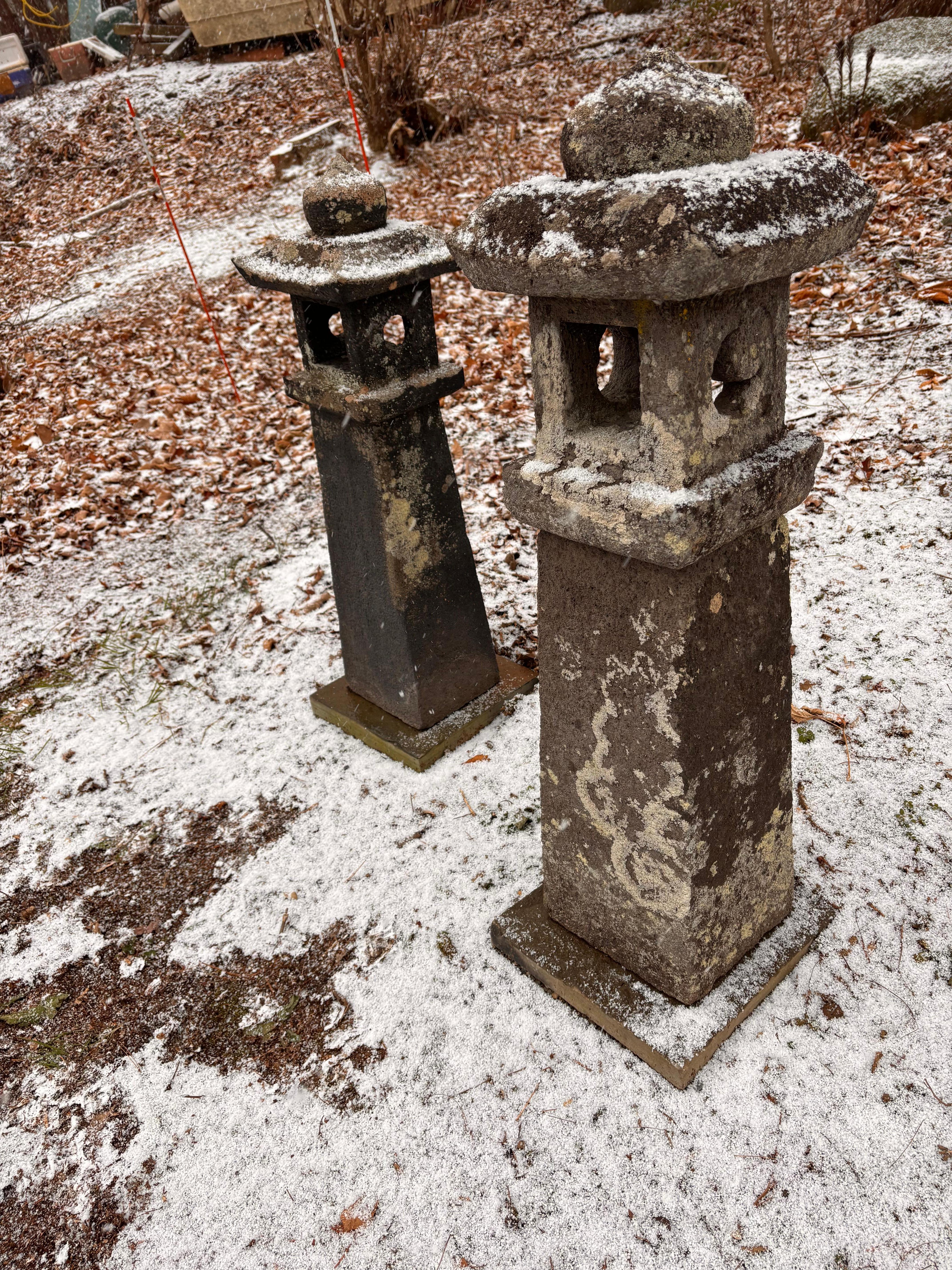 20th Century Japanese Tall Pair Antique Stone Sun And Moon Pathway Lanterns, 34 Inches
