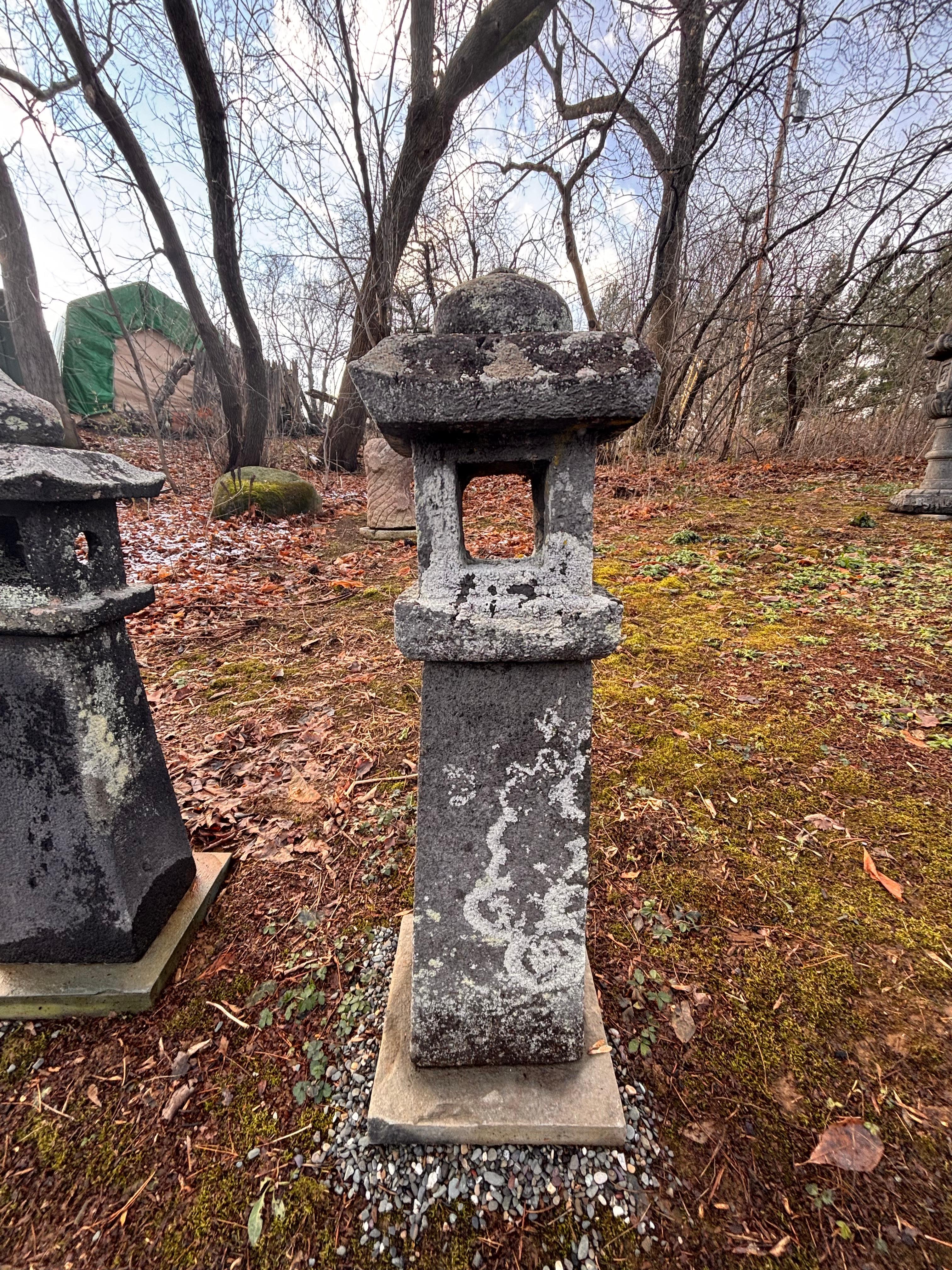 Japanese Tall Pair Antique Stone Sun And Moon Pathway Lanterns, 34 Inches 2