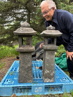 Japanese Tall Pair Antique Stone Sun And Moon Pathway Lanterns, 36 Inches